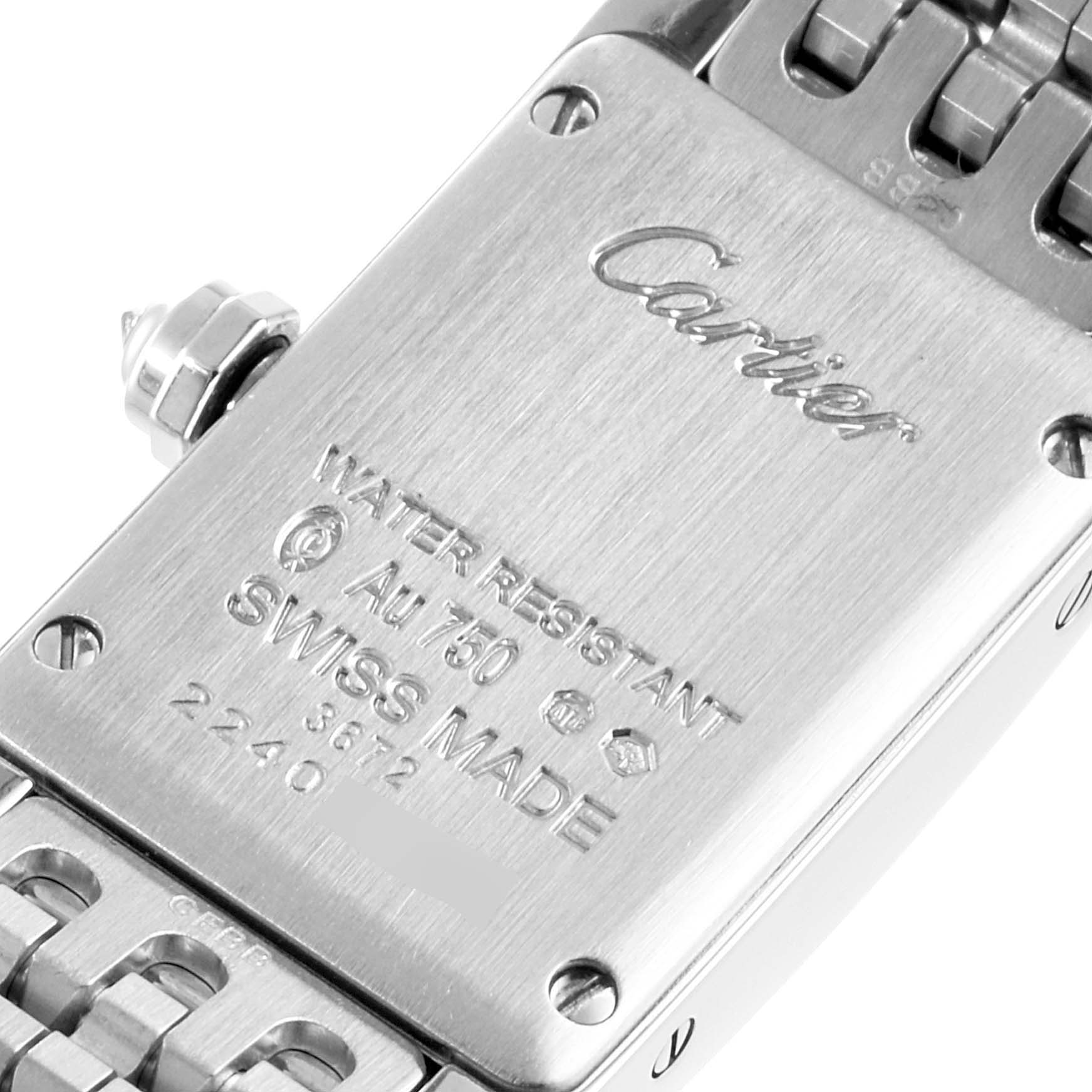 This image shows the back of the Tank Americaine model watch by Cartier, featuring the case back and bracelet attachment.