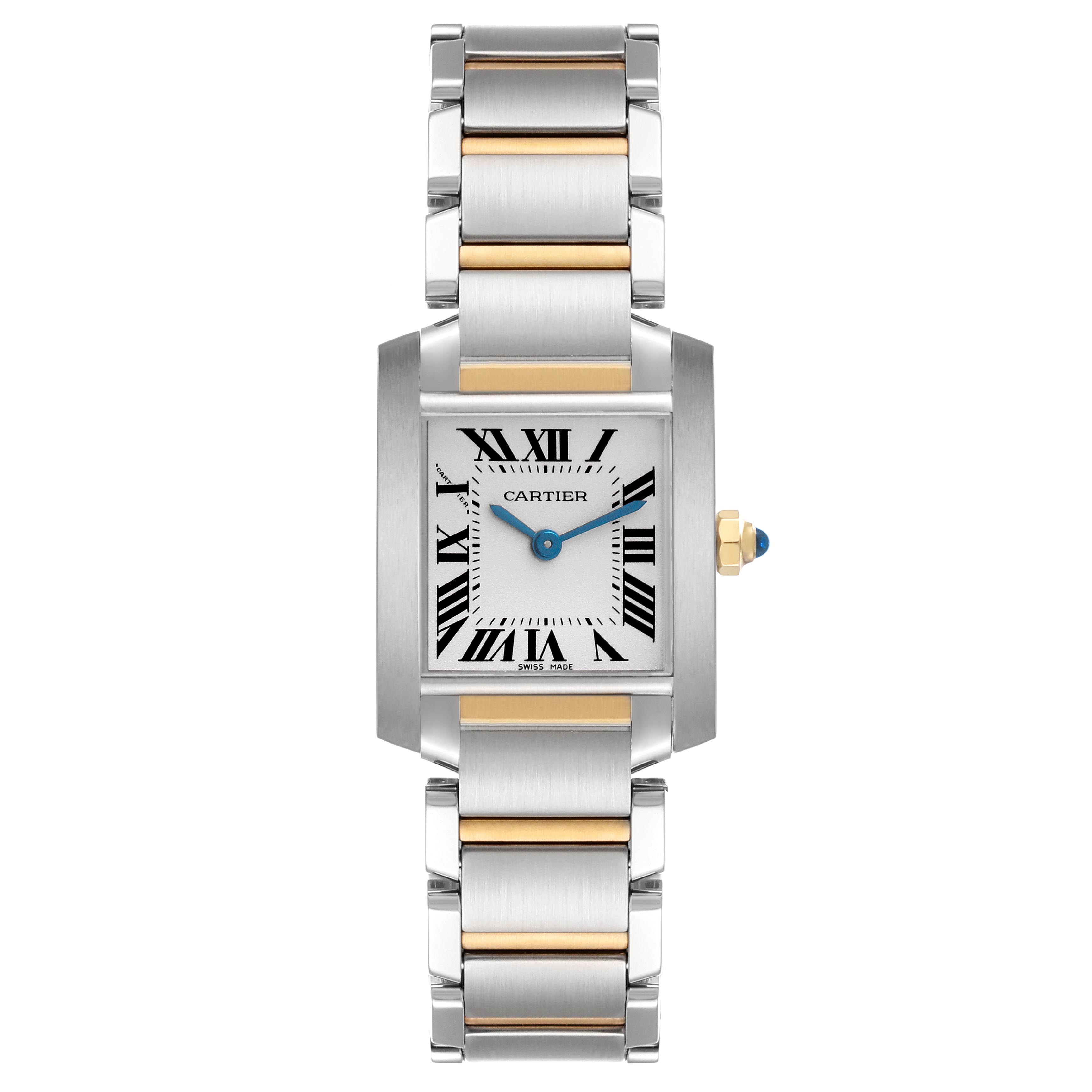 The Cartier Tank Française watch is shown from a front angle, displaying the face, Roman numerals, hands, and two-tone metal bracelet.