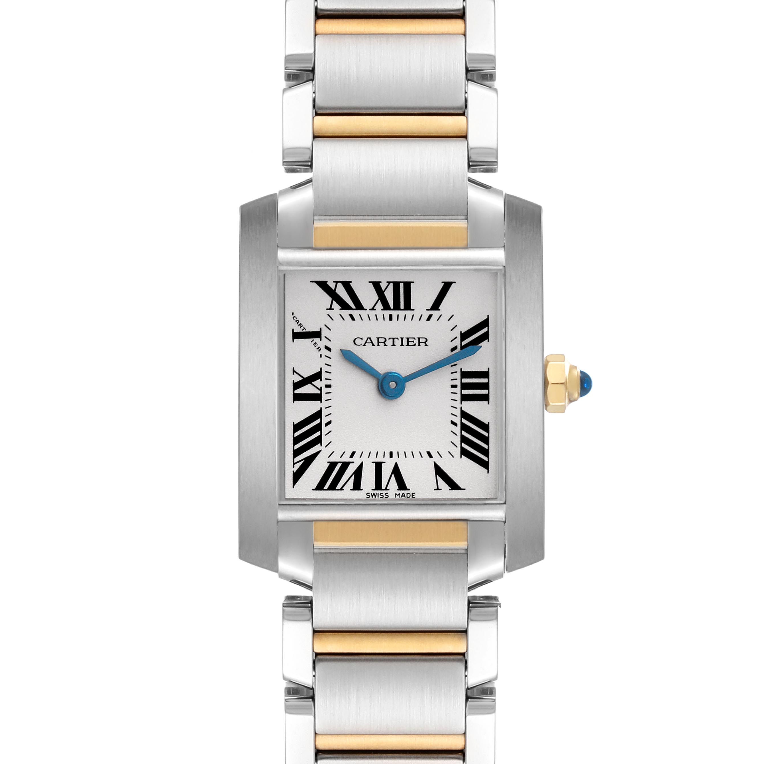 The Cartier Tank Française watch is shown from the front, highlighting its rectangular face, Roman numerals, and metal strap.
