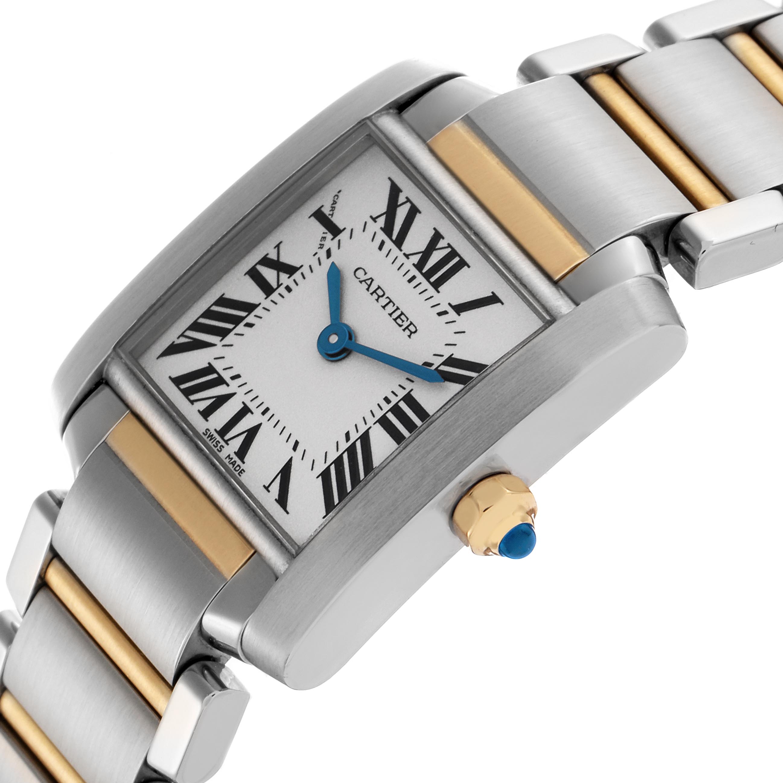 The Cartier Tank Francaise W51007Q4 Women's Steel and Gold (two tone) Silver Dial W51007Q4 Women's Steel and Gold (two tone) Silver Dial watch is shown at an angle highlighting the dial, crown, and part of the bracelet.