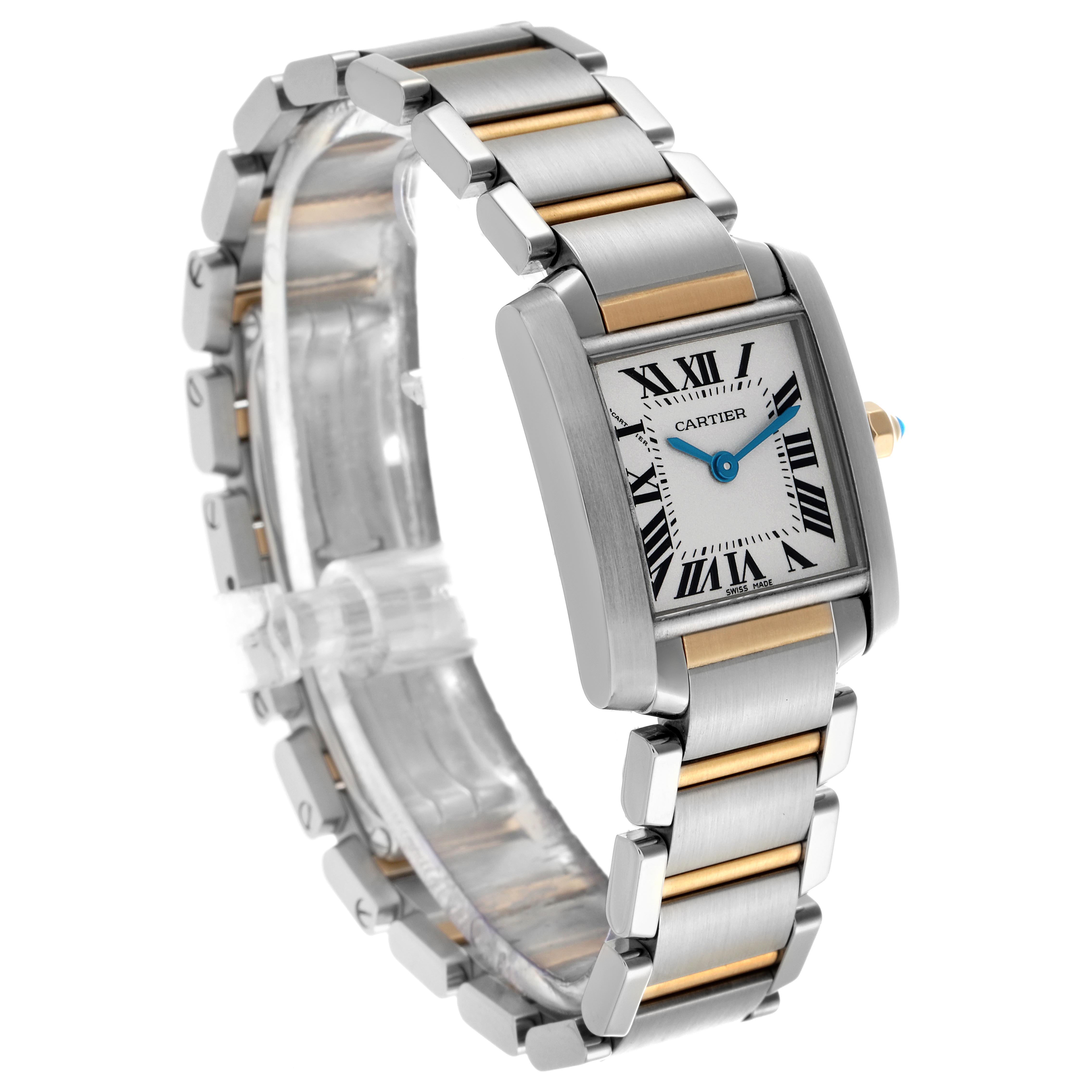 The Cartier Tank Française watch is shown at a three-quarter angle, highlighting its face, bracelet, and side view.