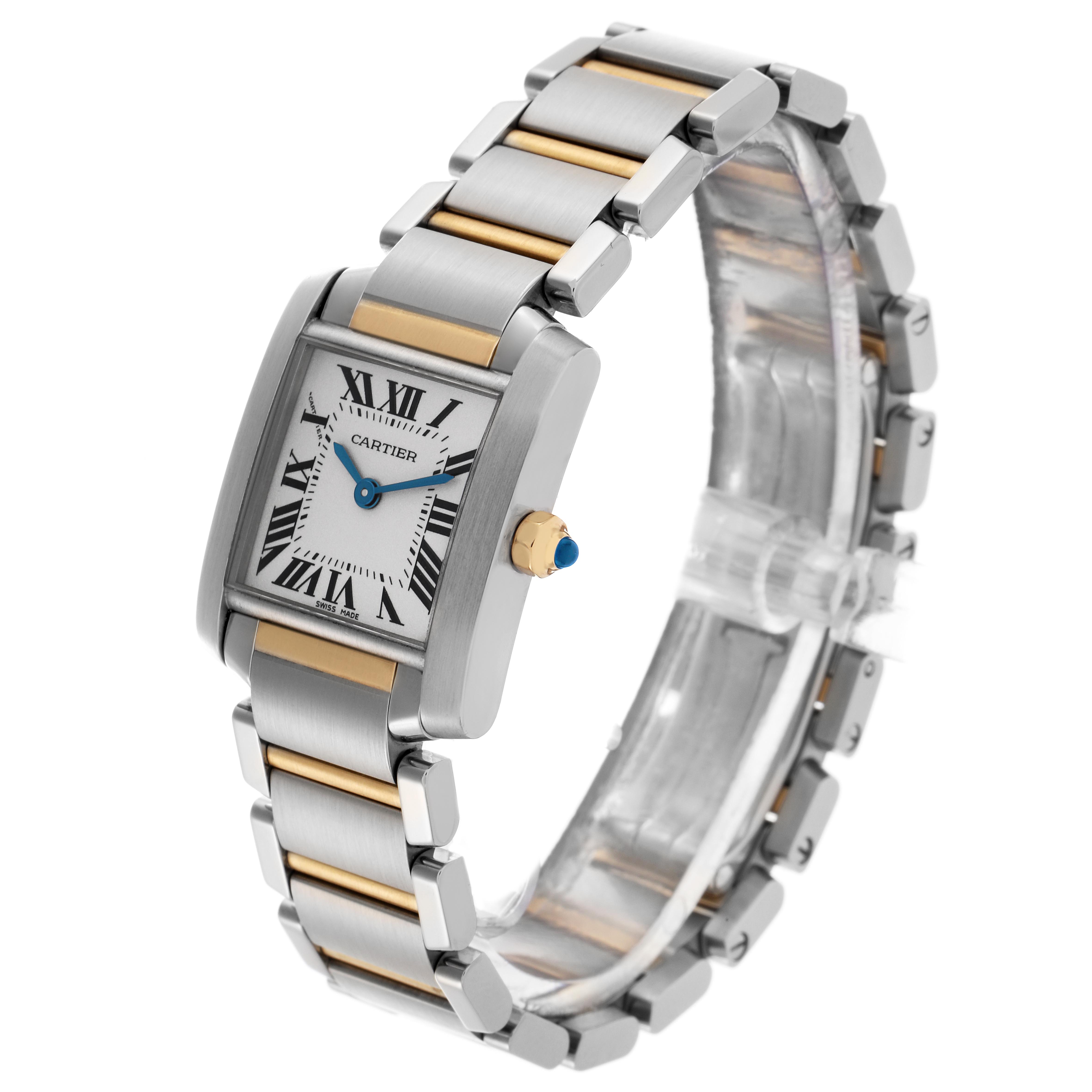 The Cartier Tank Francaise W51007Q4 Women's Steel and Gold (two tone) Silver Dial W51007Q4 Women's Steel and Gold (two tone) Silver Dial watch is shown at an angled side view, highlighting the face, bracelet, and crown.
