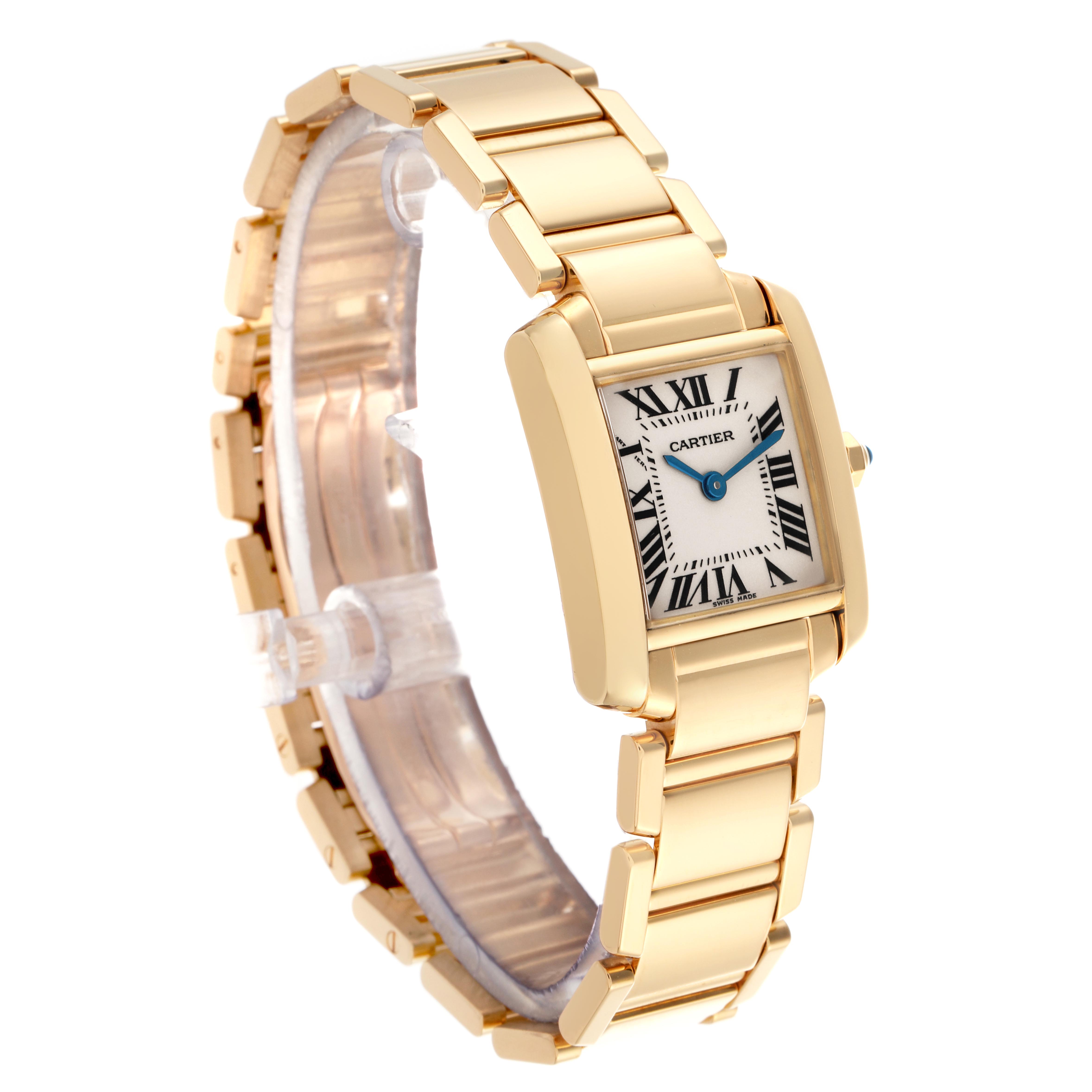 The Cartier Tank Française watch is shown at a three-quarter angle, highlighting the gold case and bracelet.
