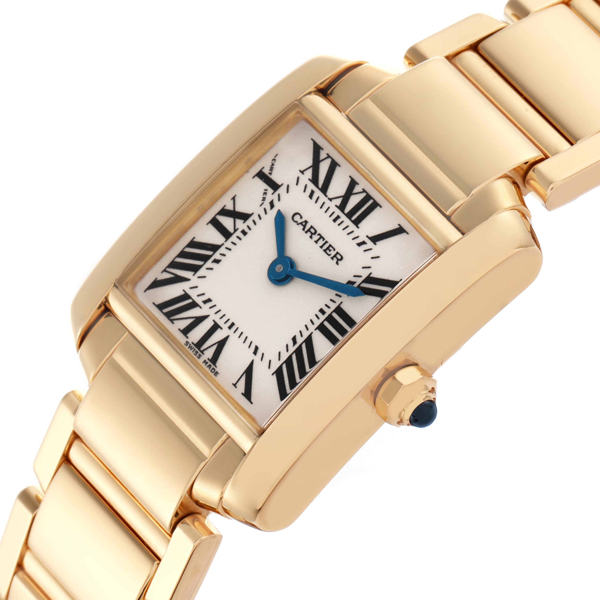 The Cartier Tank Francaise W50002N2 Women's Yellow Gold Silver Dial W50002N2 Women's Yellow Gold Silver Dial watch is shown from an angled top view, highlighting the face, Roman numerals, and part of the gold bracelet.