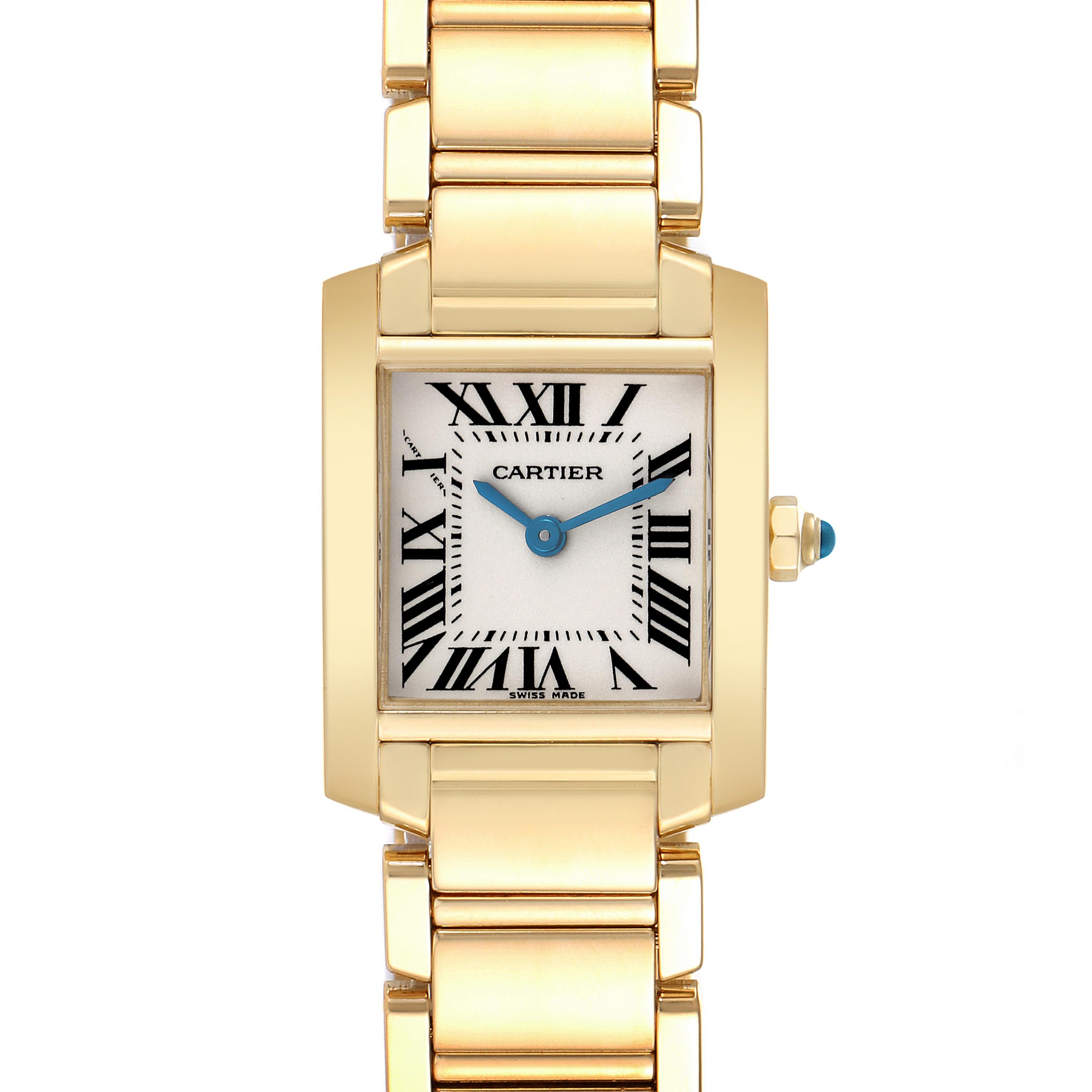 The Cartier Tank Francaise W50002N2 Women's Yellow Gold Silver Dial W50002N2 Women's Yellow Gold Silver Dial watch is shown in a front view, highlighting the face, bracelet, and crown with its blue cabochon.