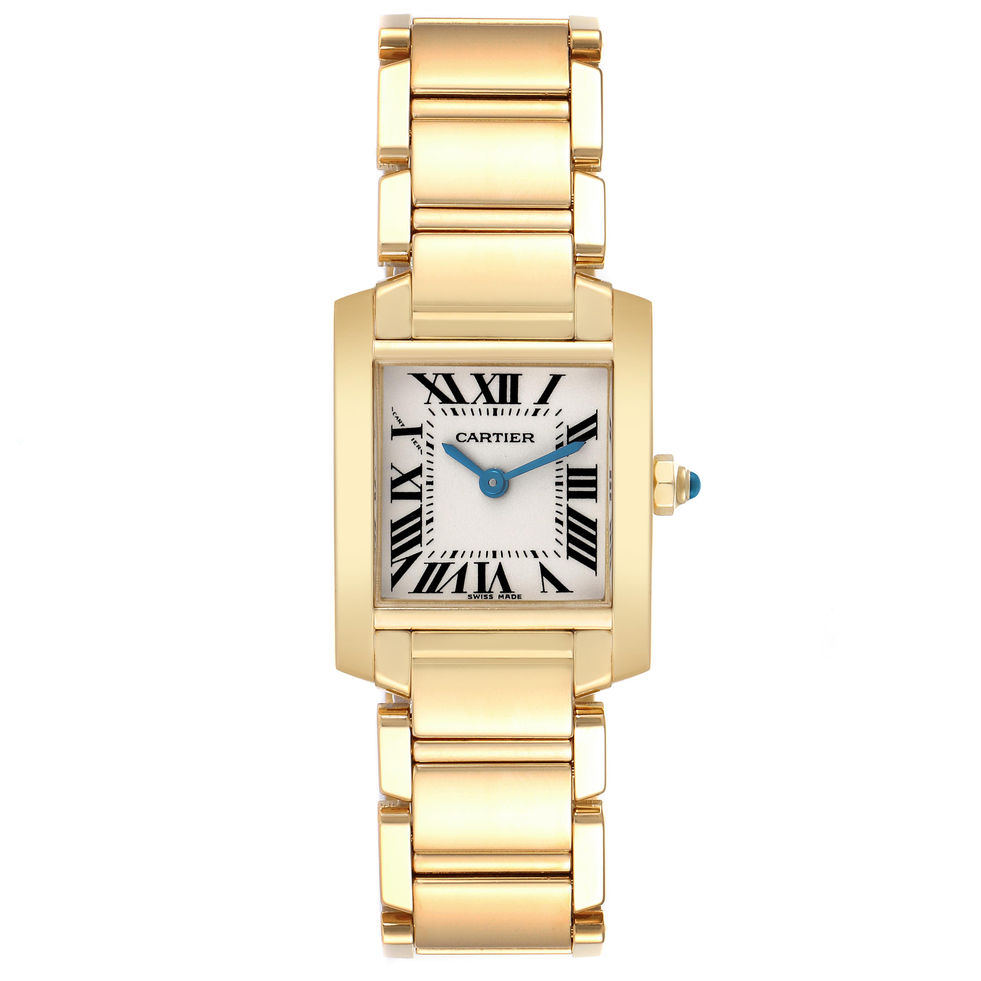 The image shows a front view of the Cartier Tank Francaise W50002N2 Women's Yellow Gold Silver Dial W50002N2 Women's Yellow Gold Silver Dial watch, highlighting its rectangular case, dial, and gold bracelet.