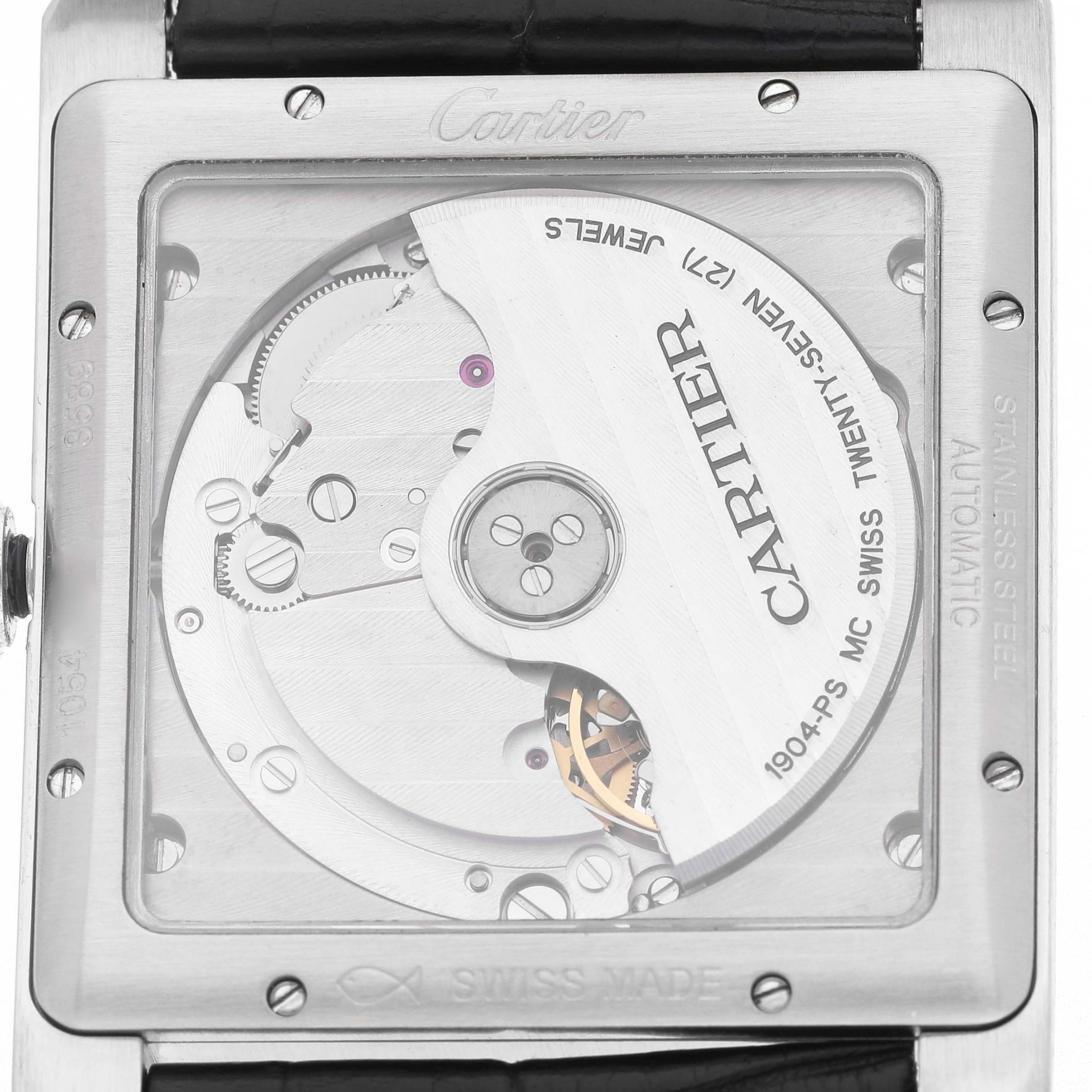 The image shows the back view of the Cartier Tank MC W5330003 Men's Stainless Steel Silver Dial watch, highlighting its movement and internal mechanics.