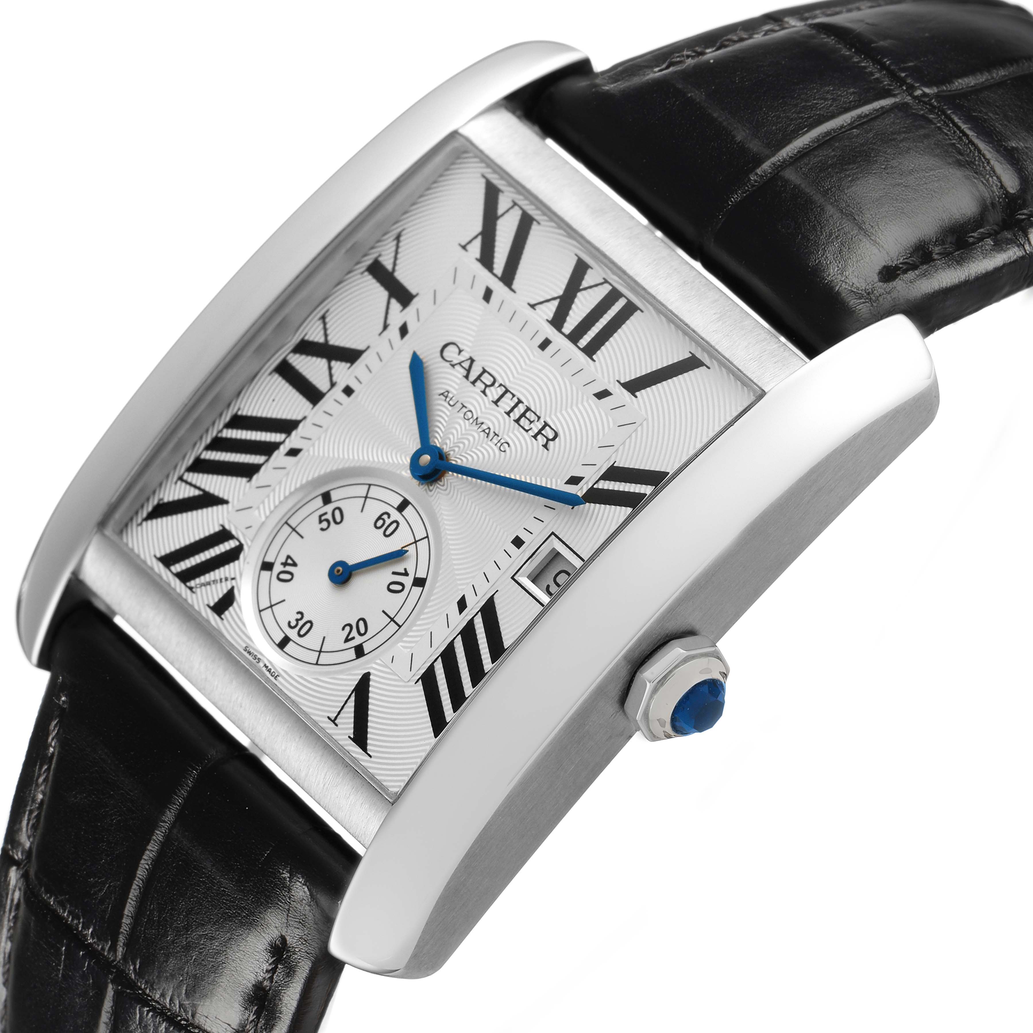 The Cartier Tank MC W5330003 Men's Stainless Steel Silver Dial watch is shown at an angled view, highlighting the face, crown, and black leather strap.