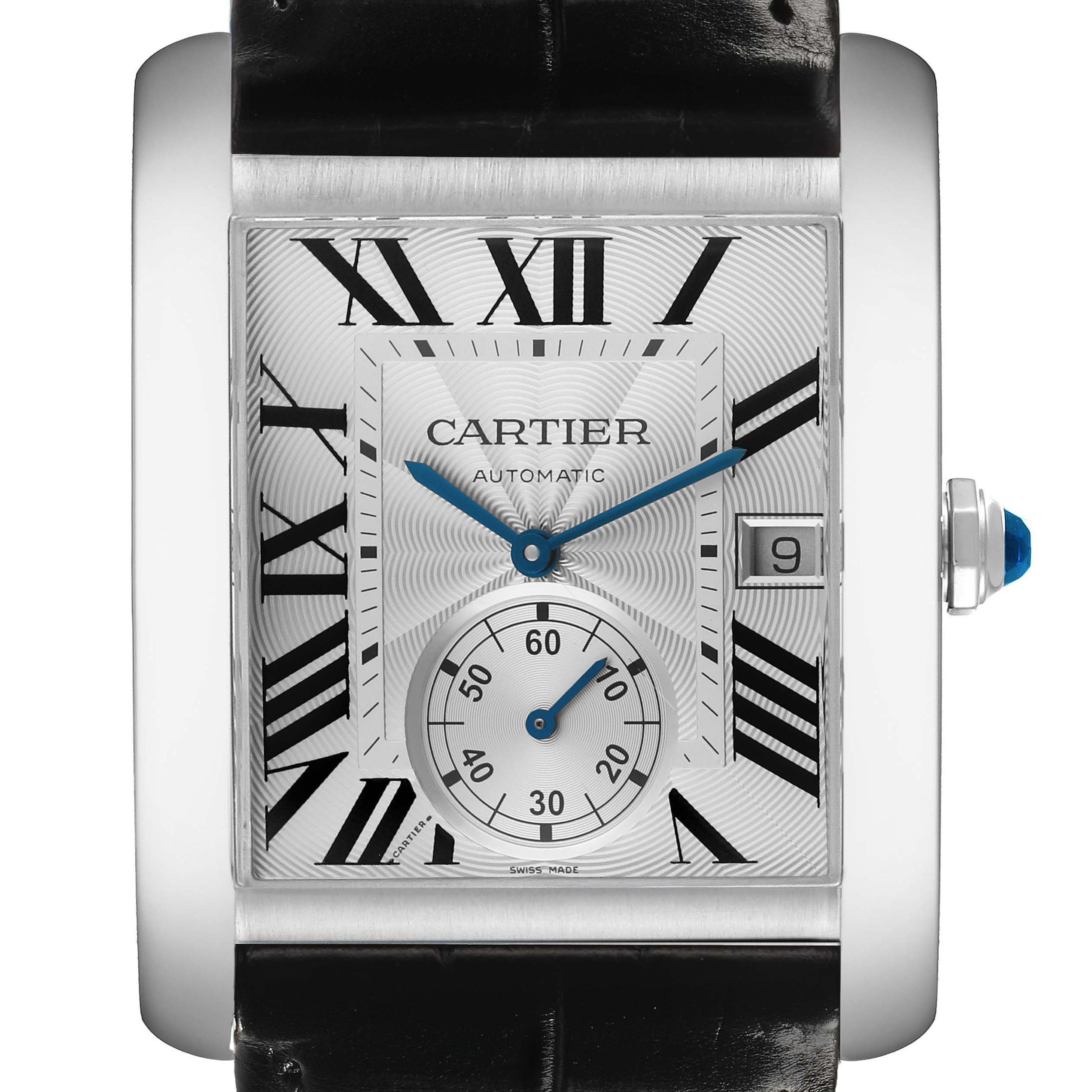 The Cartier Tank MC W5330003 Men's Stainless Steel Silver Dial watch is shown from a frontal angle, highlighting its face, hands, and date window.