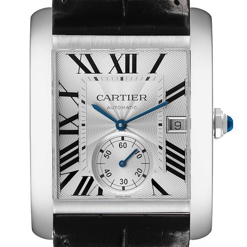The Cartier Tank MC W5330003 Men's Stainless Steel Silver Dial watch is shown from the front, displaying its dial, casing, and part of the strap.