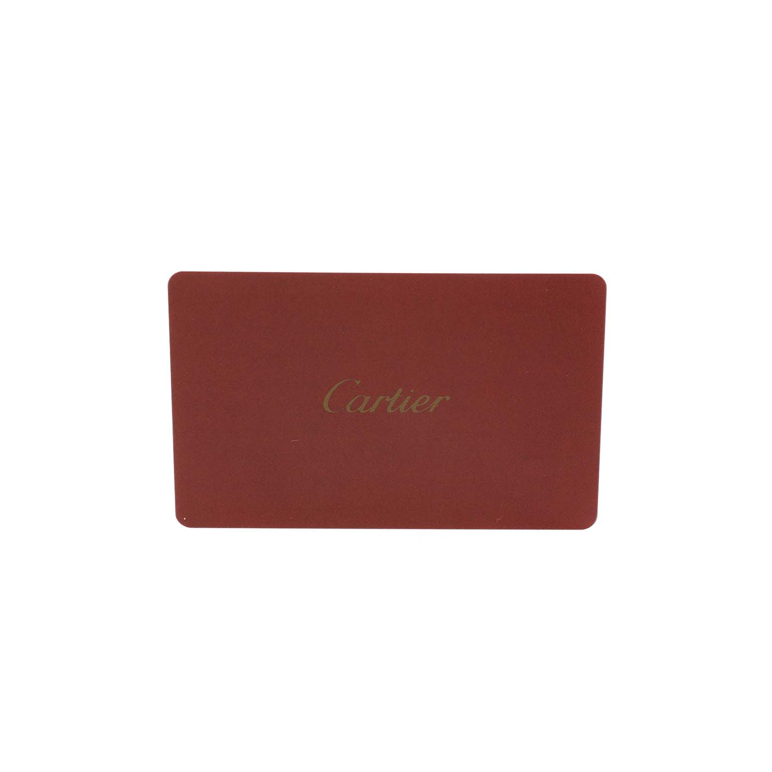 This image shows a red card with the "Cartier" logo, possibly an accessory for the Cartier Tank MC W5330003 Men's Stainless Steel Silver Dial model.