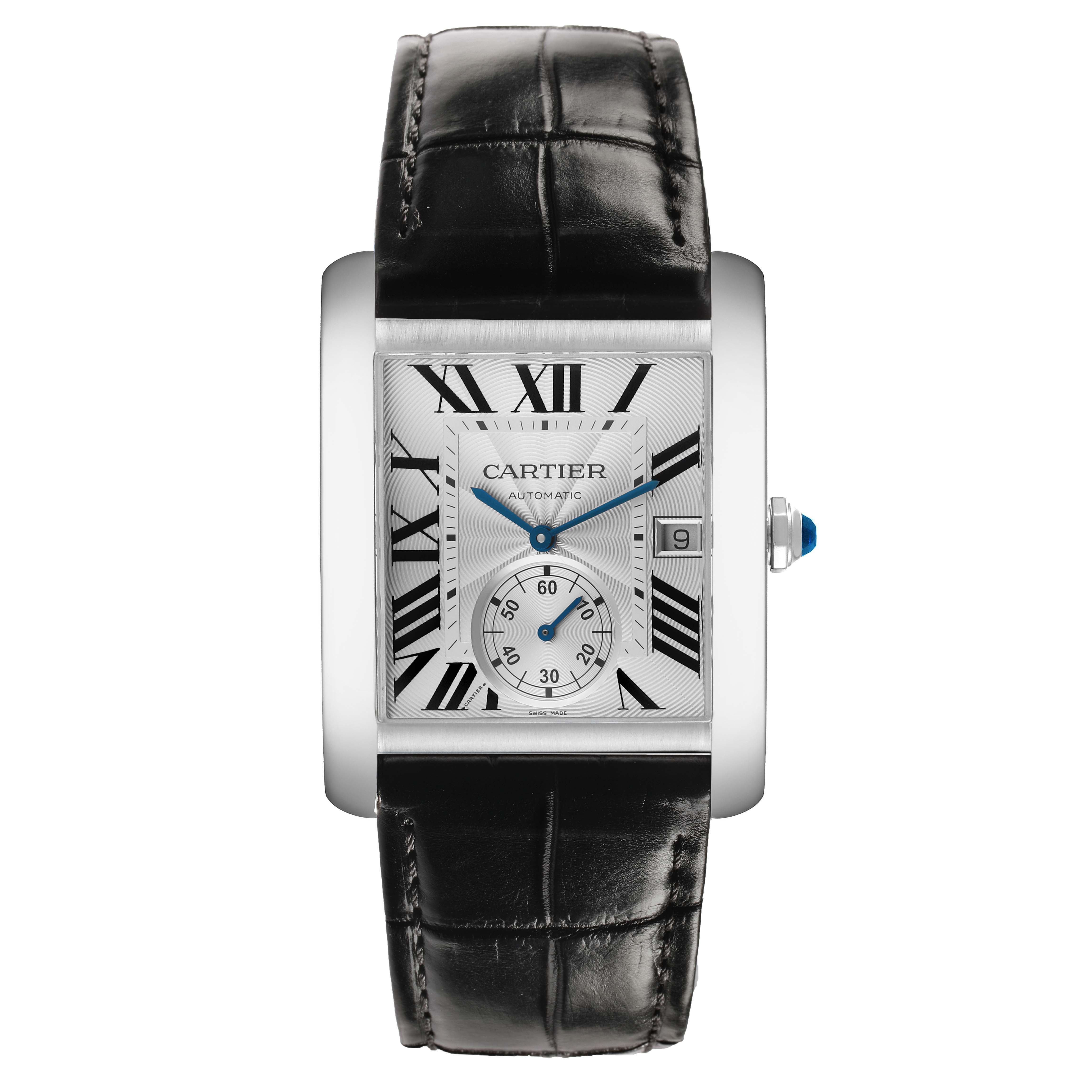 The Cartier Tank MC W5330003 Men's Stainless Steel Silver Dial watch is shown from the front, displaying the dial with Roman numerals and a leather strap.