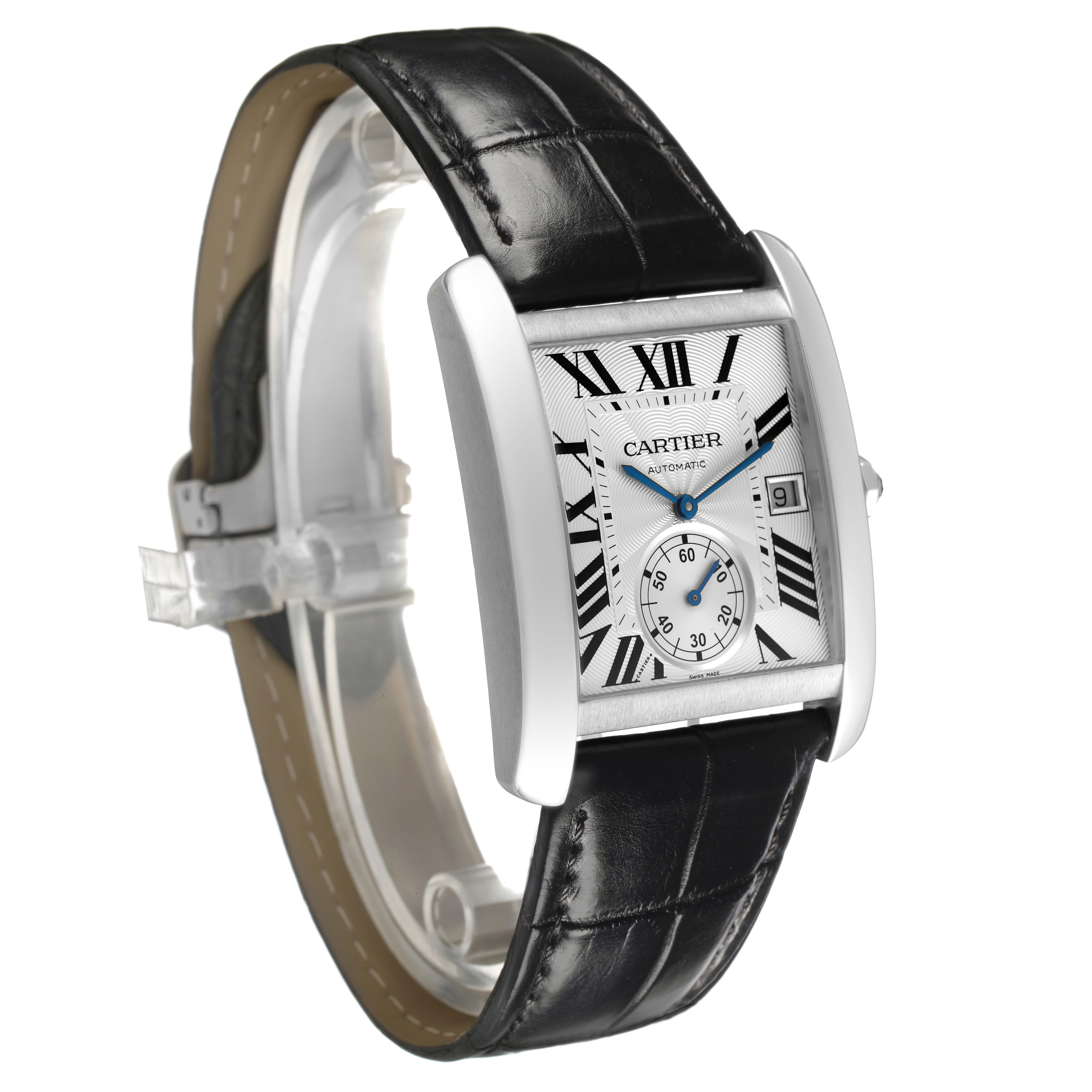 The Cartier Tank MC W5330003 Men's Stainless Steel Silver Dial watch is shown at a three-quarter angle, highlighting its face, Roman numerals, leather strap, and side crown.