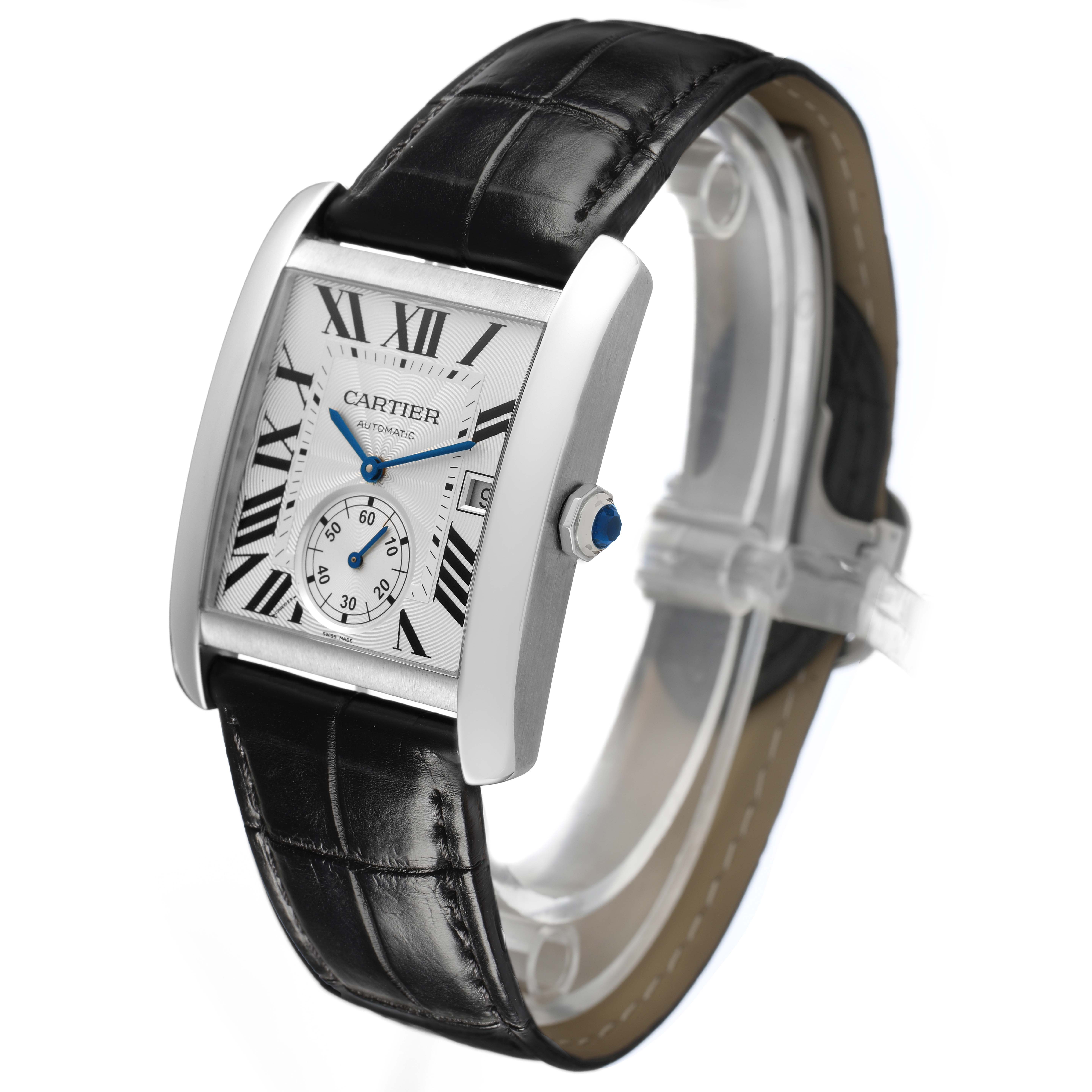 The Cartier Tank MC W5330003 Men's Stainless Steel Silver Dial watch is shown at an angle highlighting the face, case, crown, and leather strap.