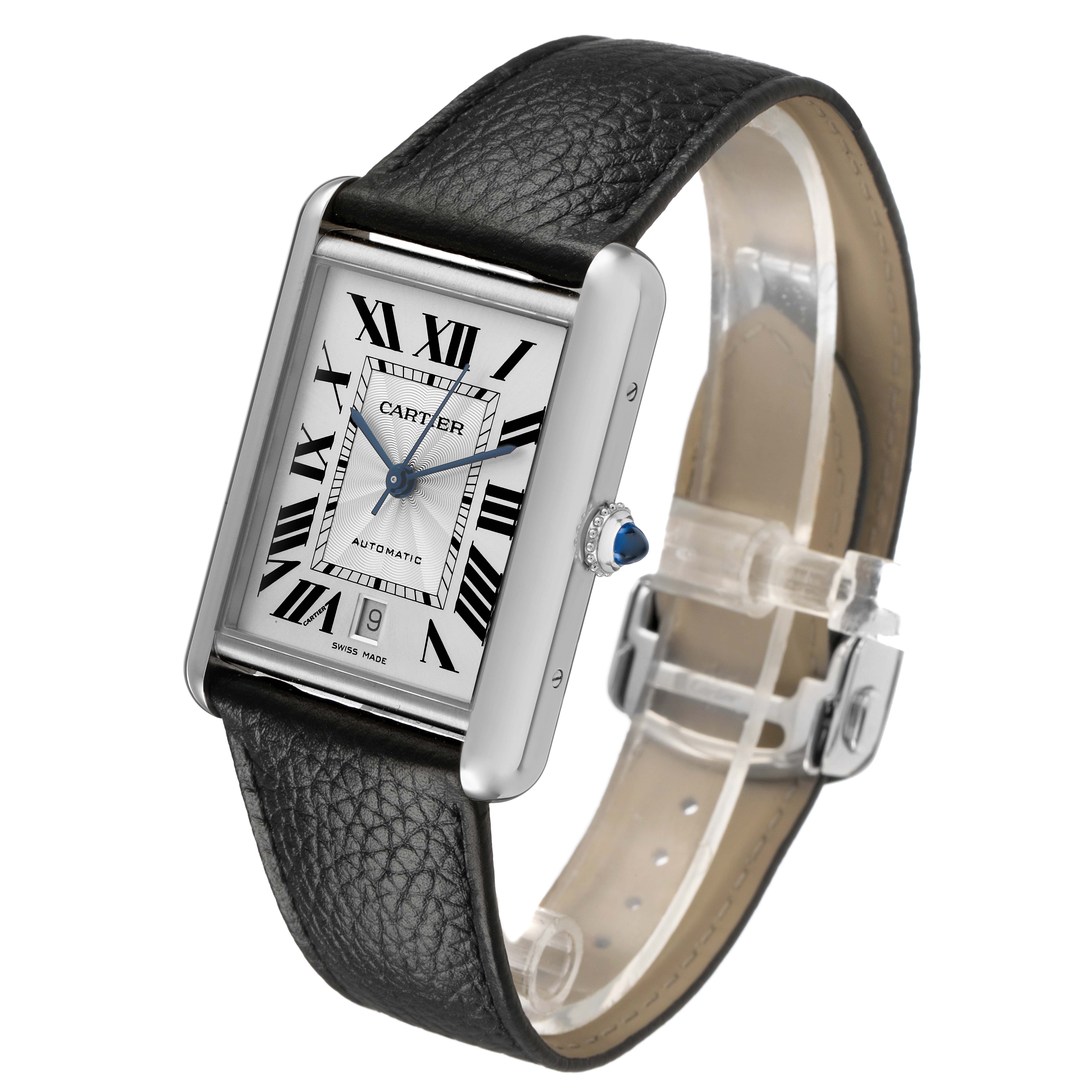 The Cartier Tank Must WSTA0141 Men's Stainless Steel Silver Dial watch is shown at a three-quarter angle, highlighting its case, face, crown, leather strap, and clasp.