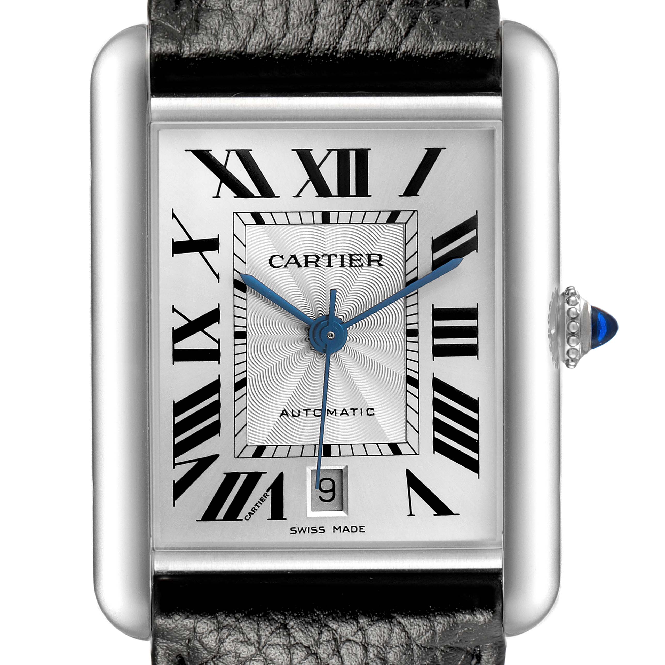 The Cartier Tank Must WSTA0141 Men's Stainless Steel Silver Dial watch is shown from the front, highlighting its rectangular dial, Roman numerals, and a blue cabochon crown.