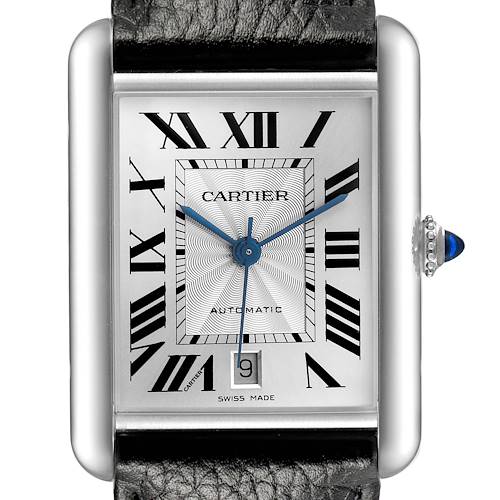 The Cartier Tank Must WSTA0141 Men's Stainless Steel Silver Dial watch is shown from a front angle, displaying its face, Roman numerals, hands, date window, and leather band.