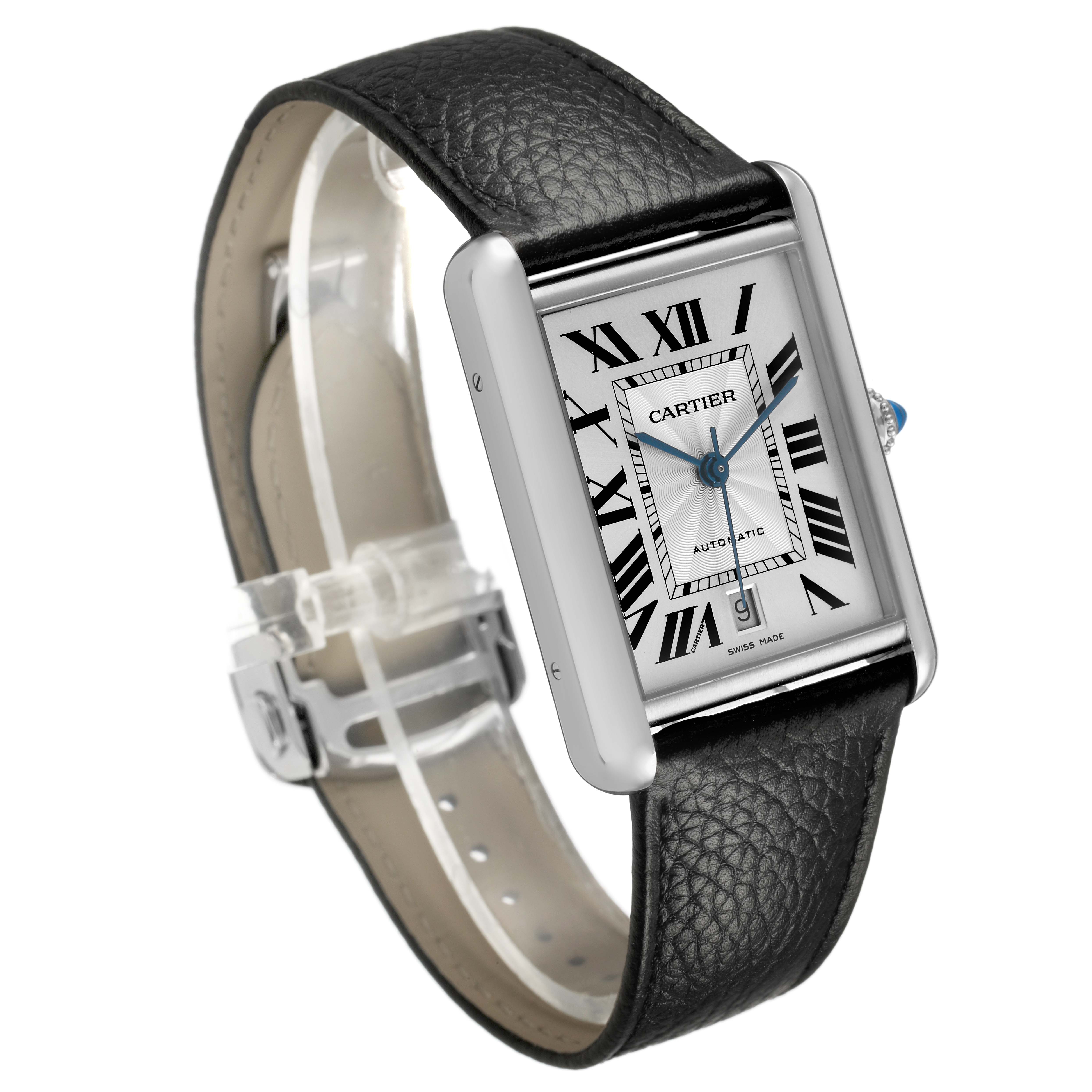 The Cartier Tank Must WSTA0141 Men's Stainless Steel Silver Dial watch is shown at a three-quarter angle, highlighting its rectangular face, Roman numerals, and leather strap.