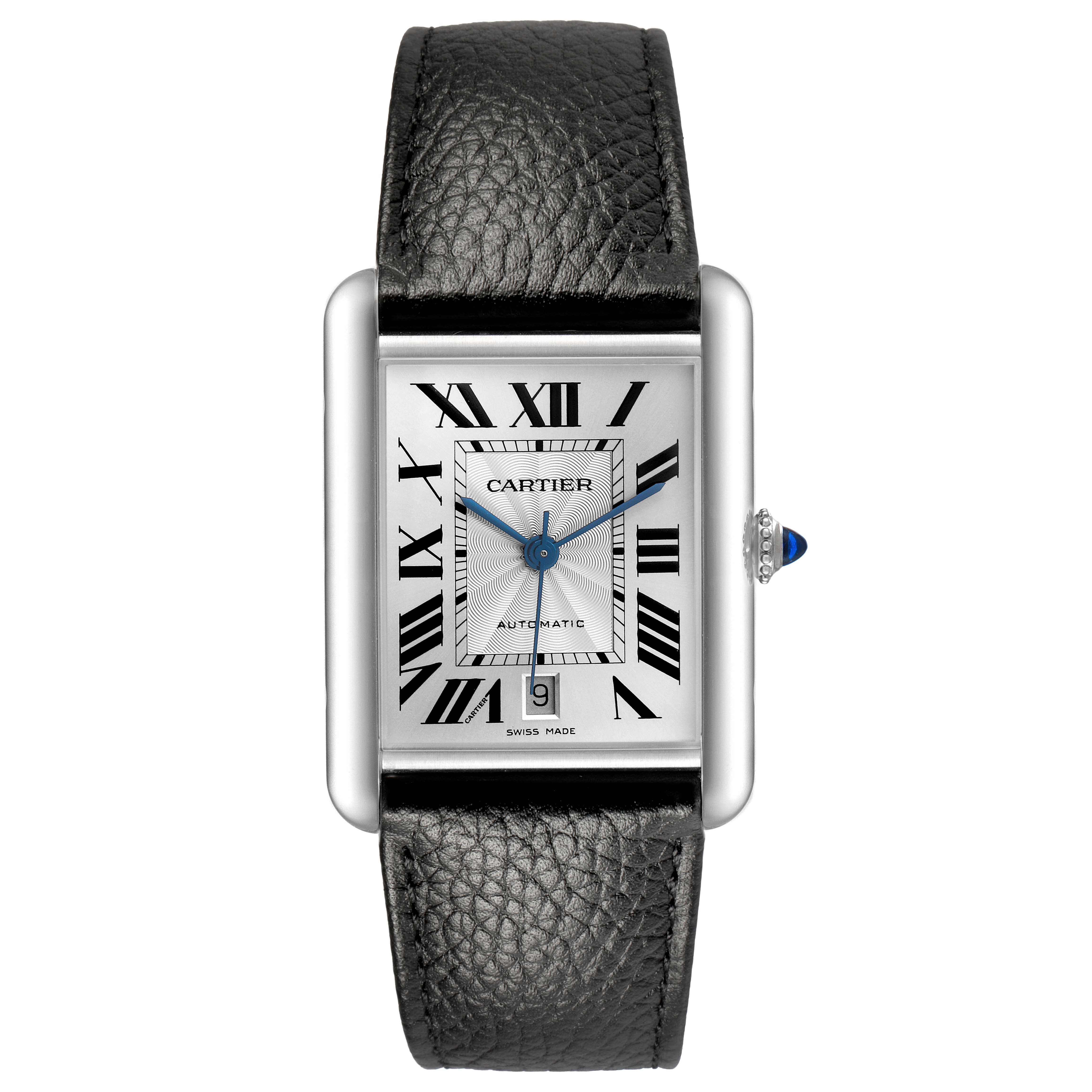 The Cartier Tank Must WSTA0141 Men's Stainless Steel Silver Dial watch is shown from the front, highlighting its rectangular face, Roman numerals, and black leather strap.