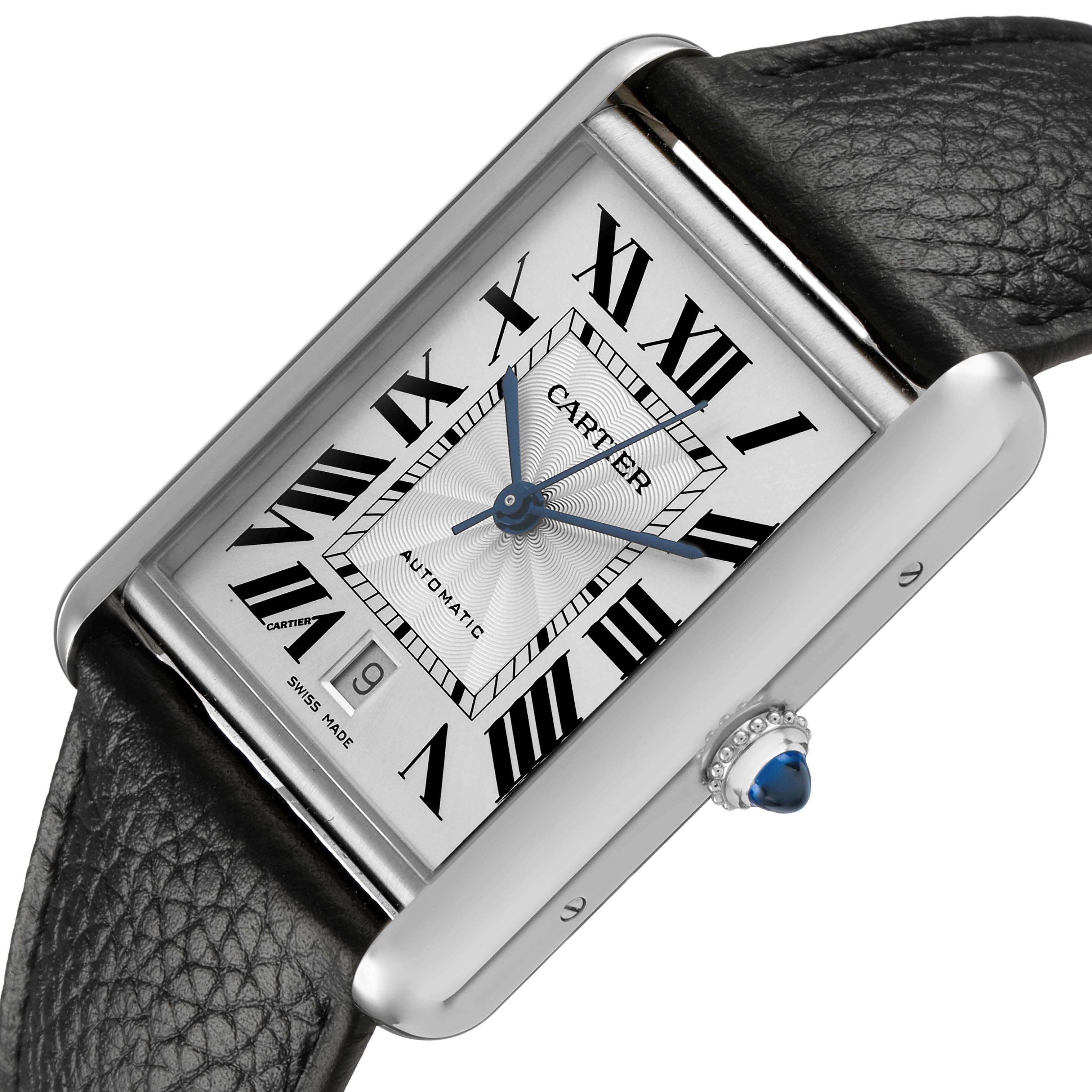 The Cartier Tank Must WSTA0141 Men's Stainless Steel Silver Dial watch is shown at an angle highlighting the face, Roman numerals, and blue crown detail.