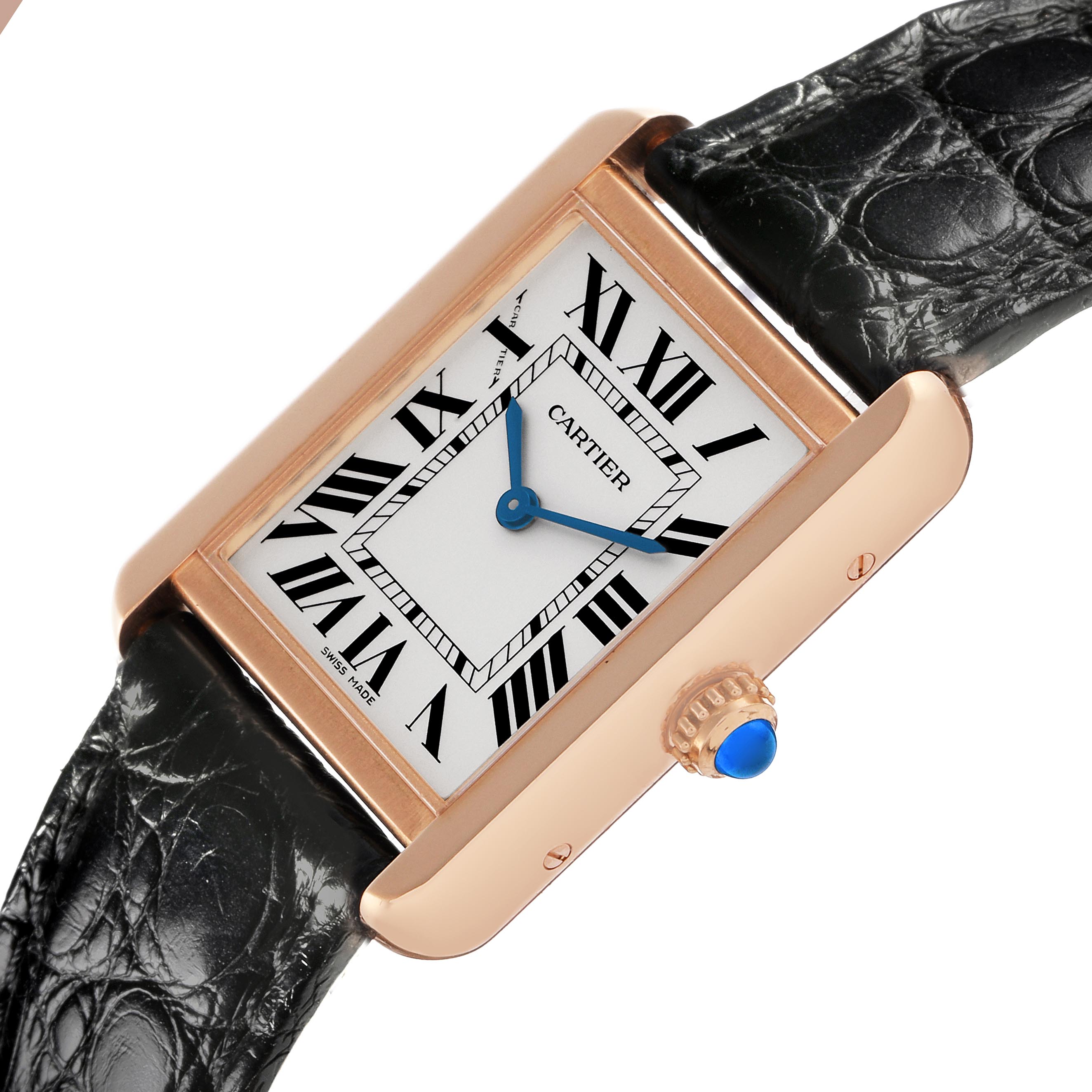 The Cartier Tank Solo W5200024 Women's Steel and Gold (two tone) Silver Dial W5200024 Women's Steel and Gold (two tone) Silver Dial watch is shown at an angled view, highlighting its rectangular case, Roman numeral dial, and blue cabochon crown.