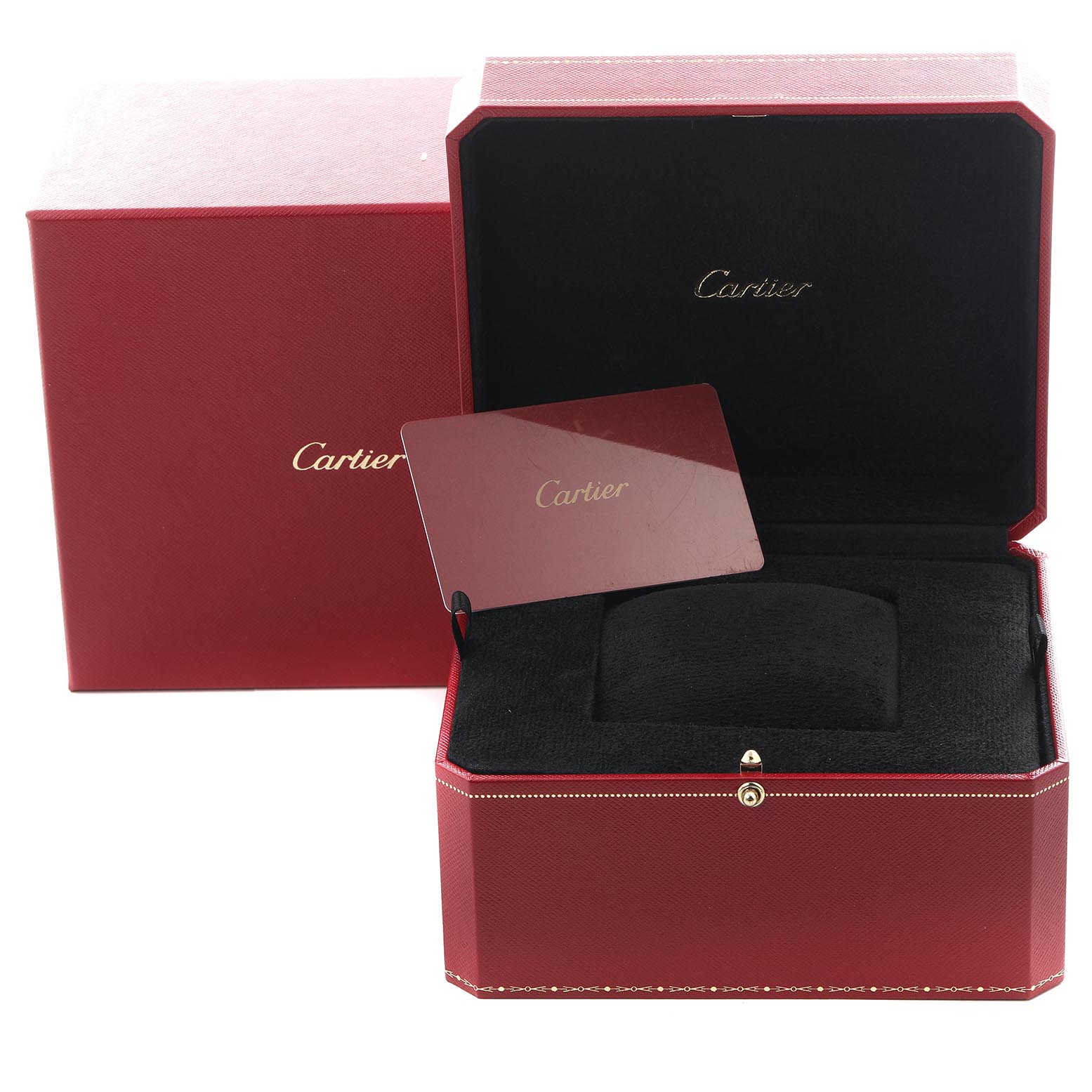 This image shows the packaging and case for the Cartier Tank Solo W5200024 Women's Steel and Gold (two tone) Silver Dial W5200024 Women's Steel and Gold (two tone) Silver Dial watch, in a red and black color scheme.