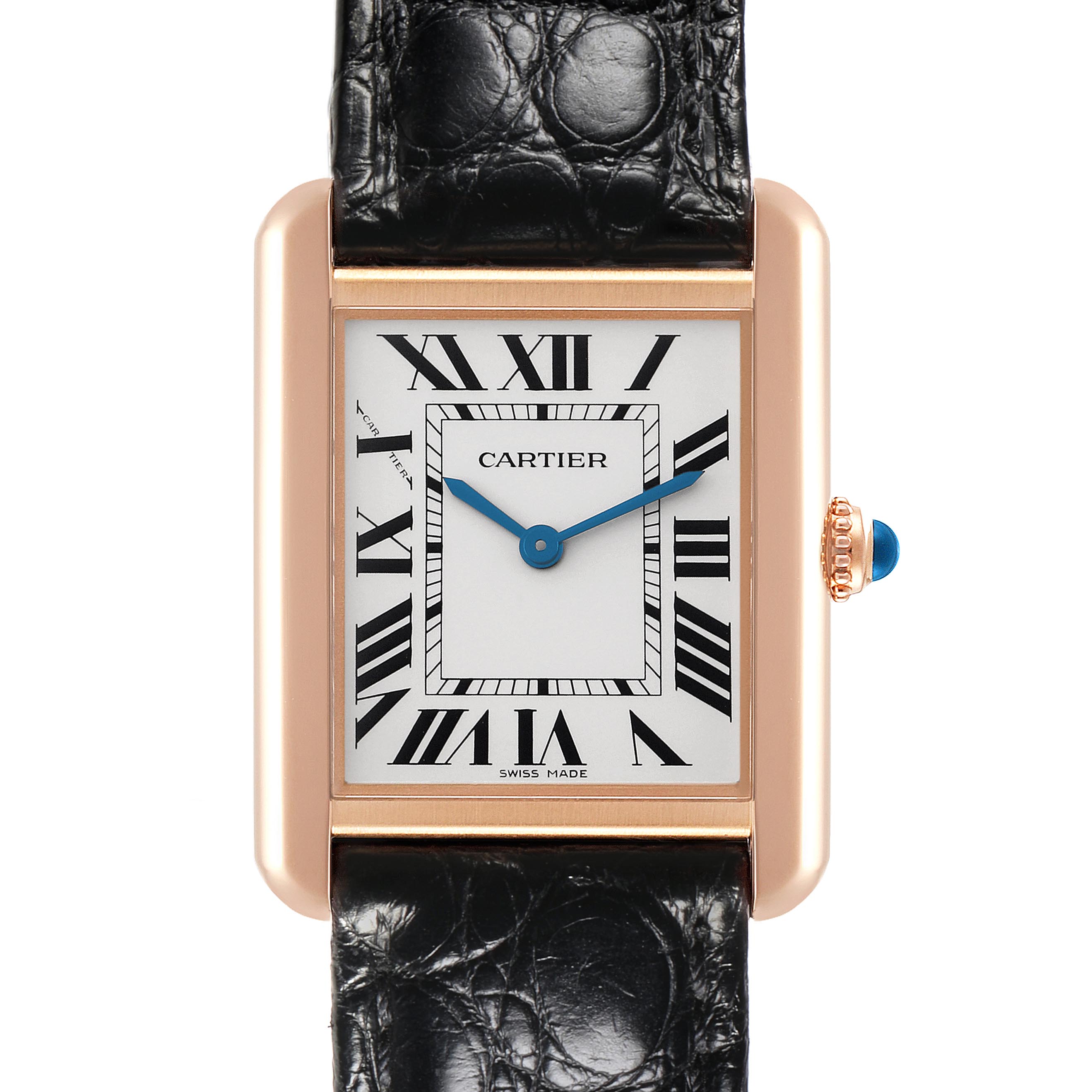 The Cartier Tank Solo W5200024 Women's Steel and Gold (two tone) Silver Dial W5200024 Women's Steel and Gold (two tone) Silver Dial watch is shown from the front, highlighting the dial, Roman numerals, hands, and crown.