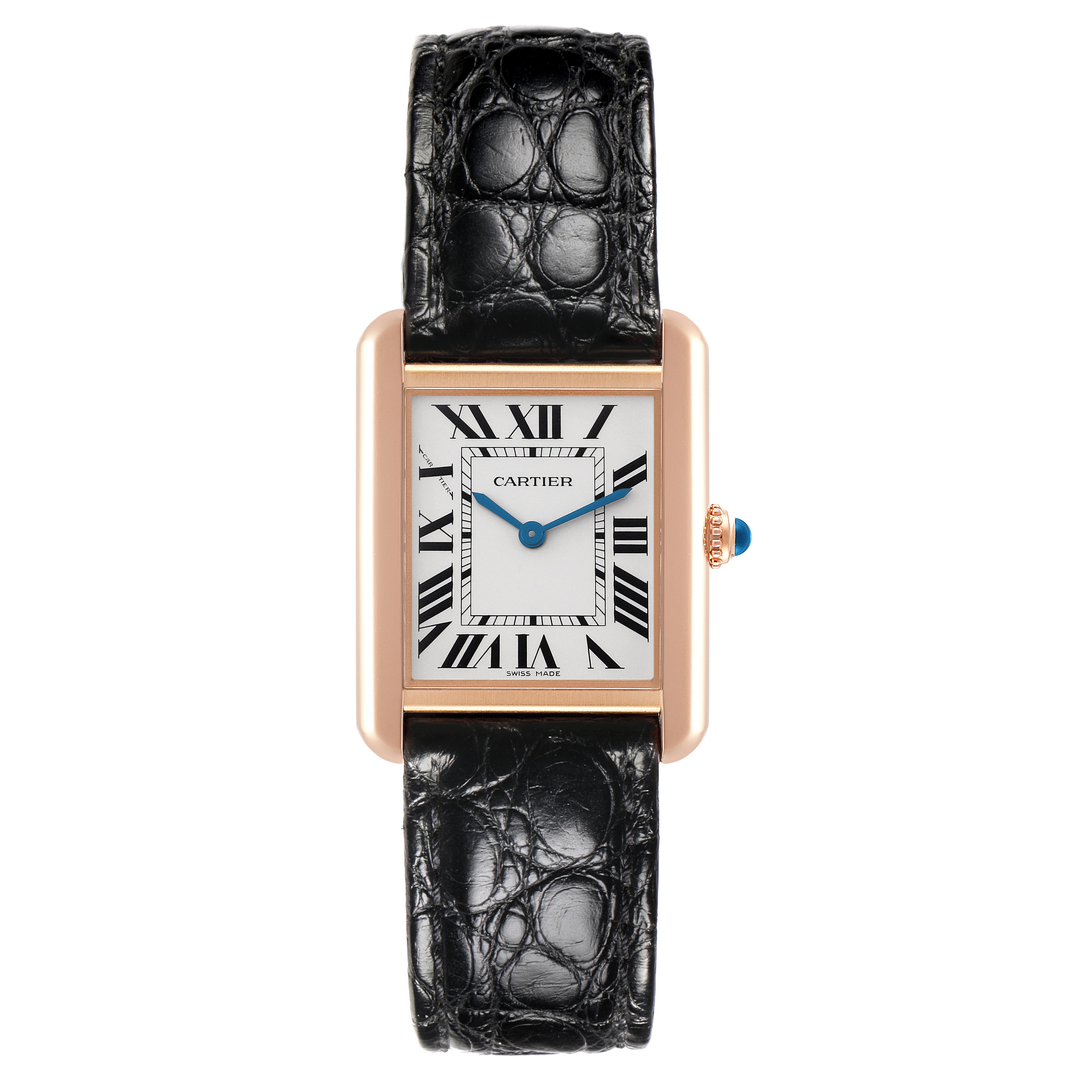The Cartier Tank Solo W5200024 Women's Steel and Gold (two tone) Silver Dial W5200024 Women's Steel and Gold (two tone) Silver Dial watch is shown from the front, highlighting its rectangular face, roman numerals, and black leather strap.