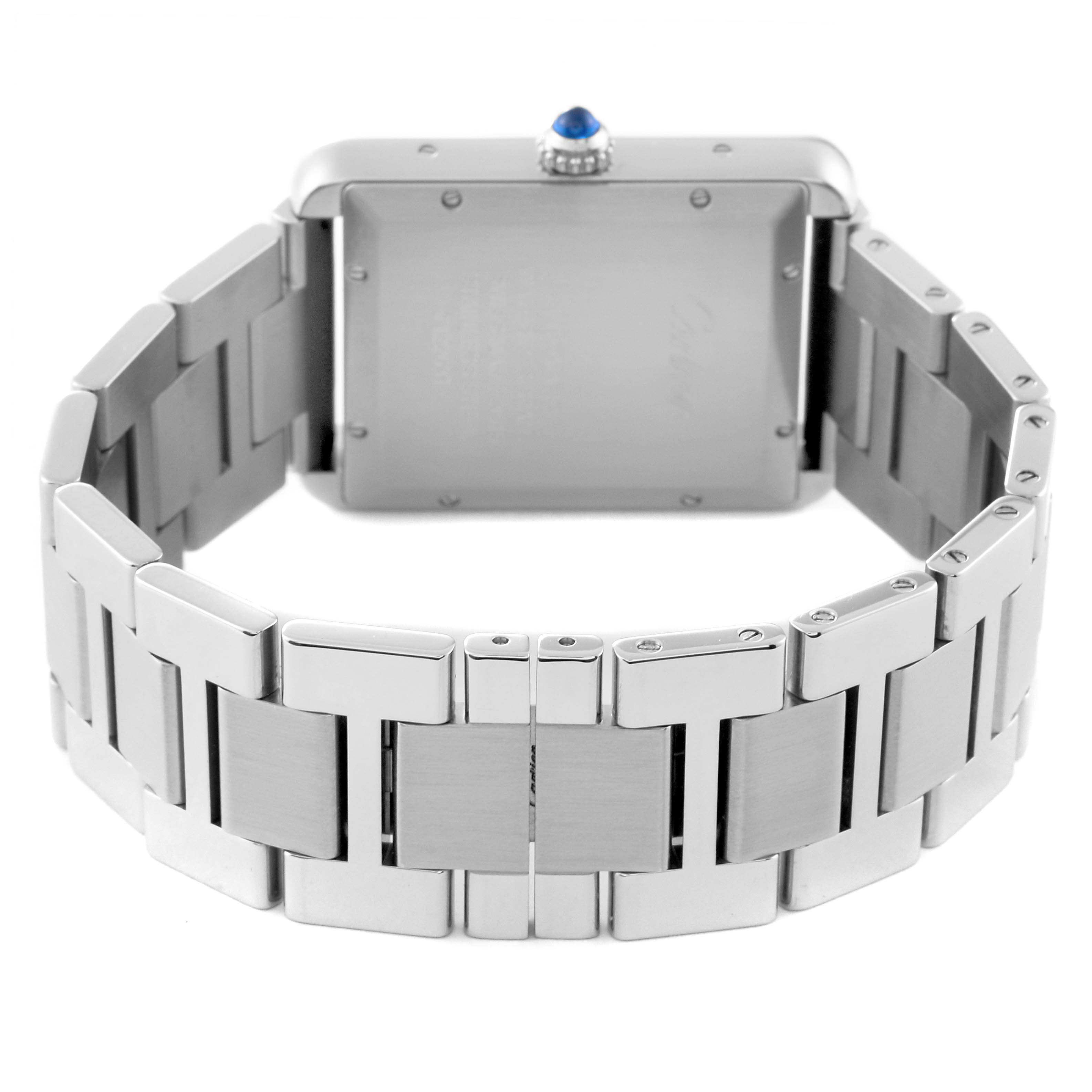 The image shows the back view of a Cartier Tank Solo W5200028 Men's Stainless Steel Silver Dial W5200028 Men's Stainless Steel Silver Dial watch, highlighting its stainless steel case and bracelet.