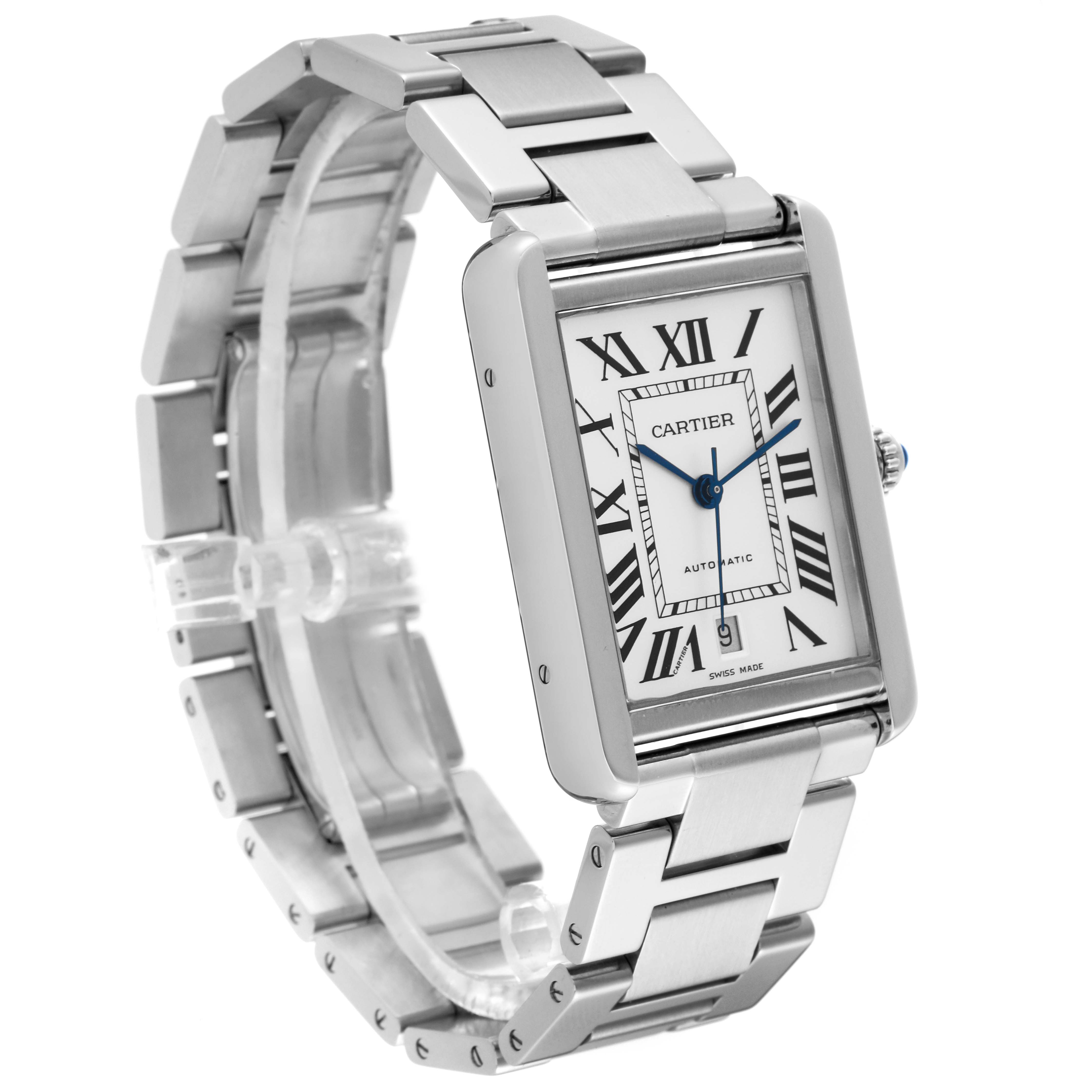 This image shows a front angle of a Cartier Tank Solo W5200028 Men's Stainless Steel Silver Dial W5200028 Men's Stainless Steel Silver Dial watch, displaying its rectangular face and metal bracelet.