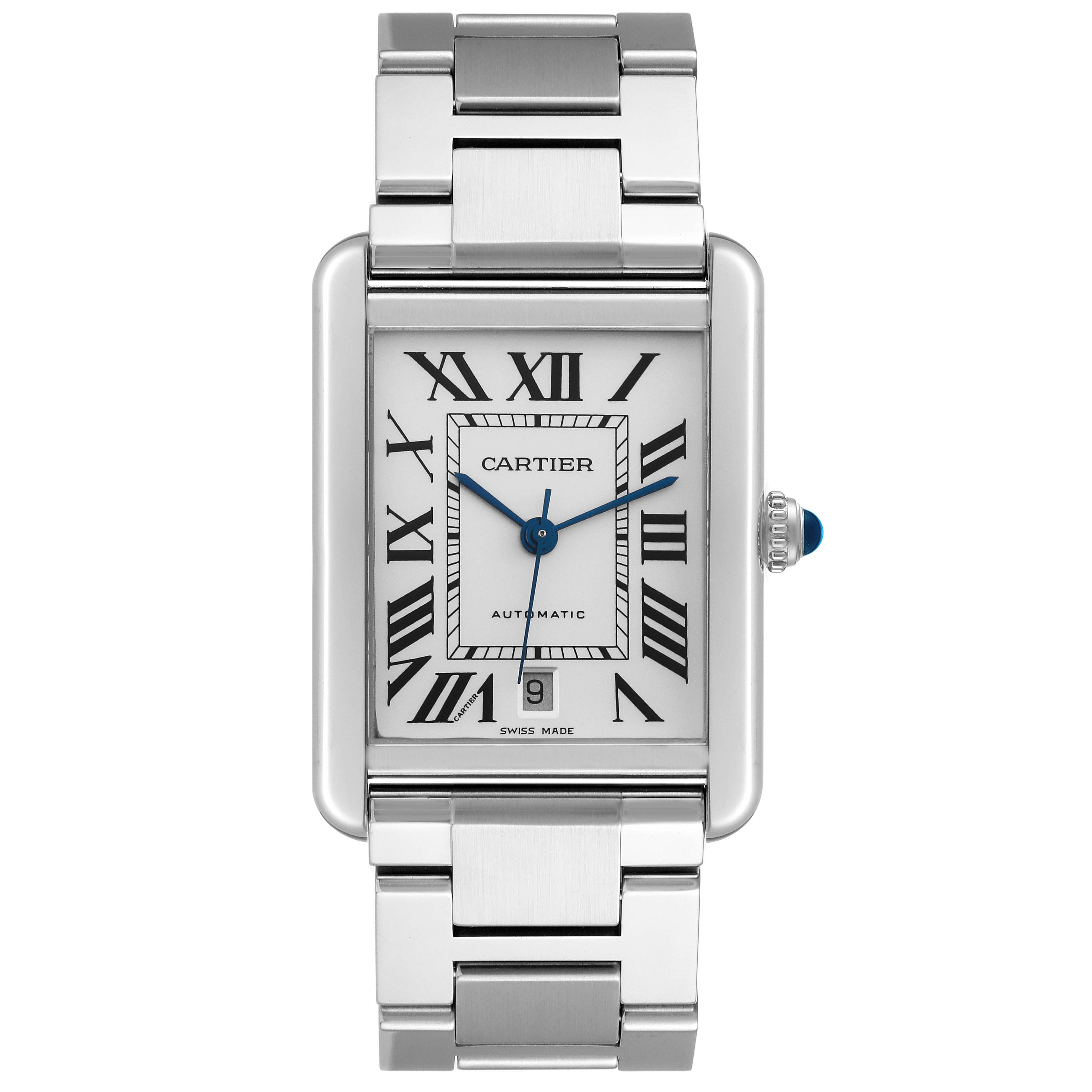 This is a front view of the Cartier Tank Solo W5200028 Men's Stainless Steel Silver Dial W5200028 Men's Stainless Steel Silver Dial watch, showing the face, Roman numeral markers, and a portion of the metal bracelet.