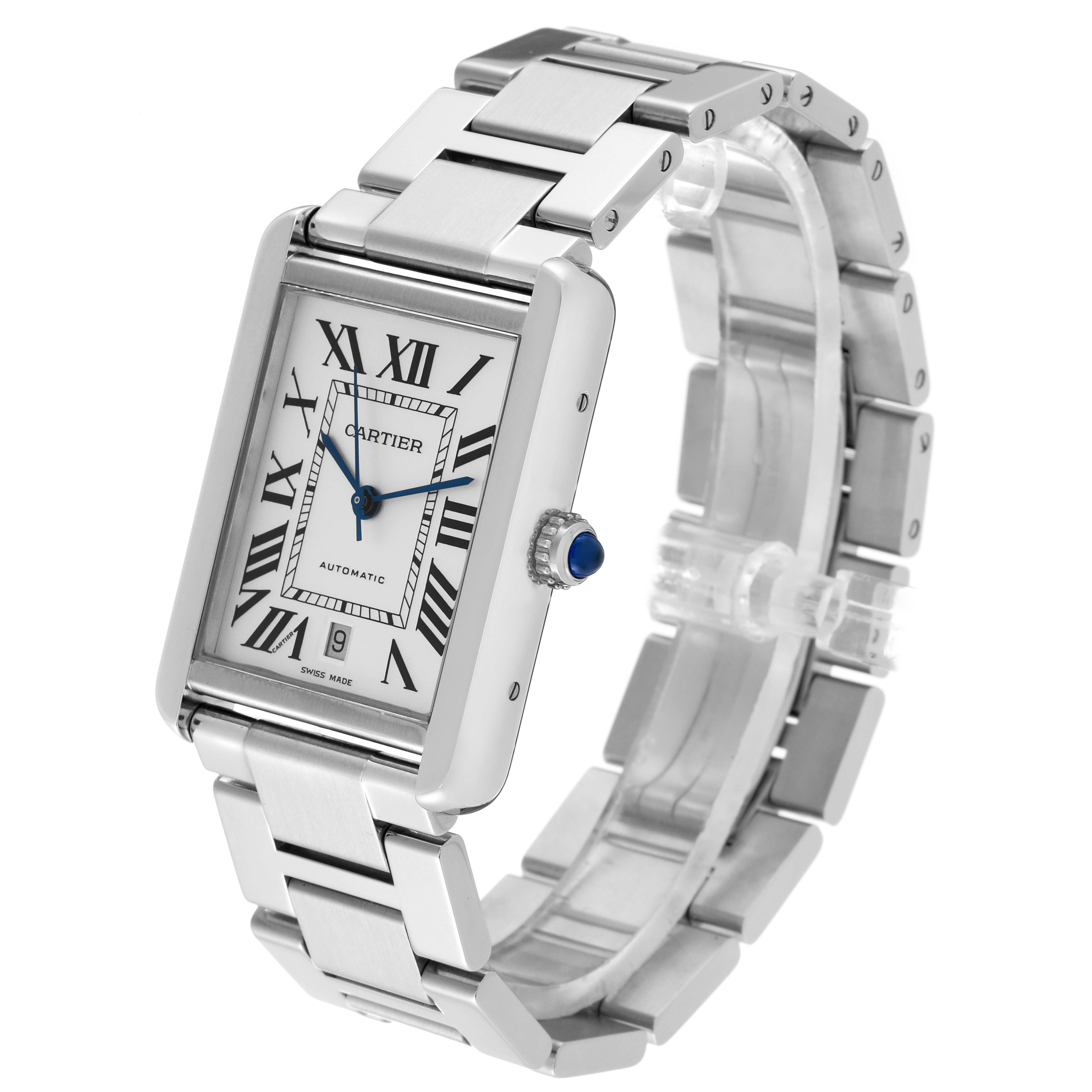 The image shows a side and top view of the Cartier Tank Solo W5200028 Men's Stainless Steel Silver Dial W5200028 Men's Stainless Steel Silver Dial watch, highlighting its rectangular face, Roman numerals, and metal bracelet.