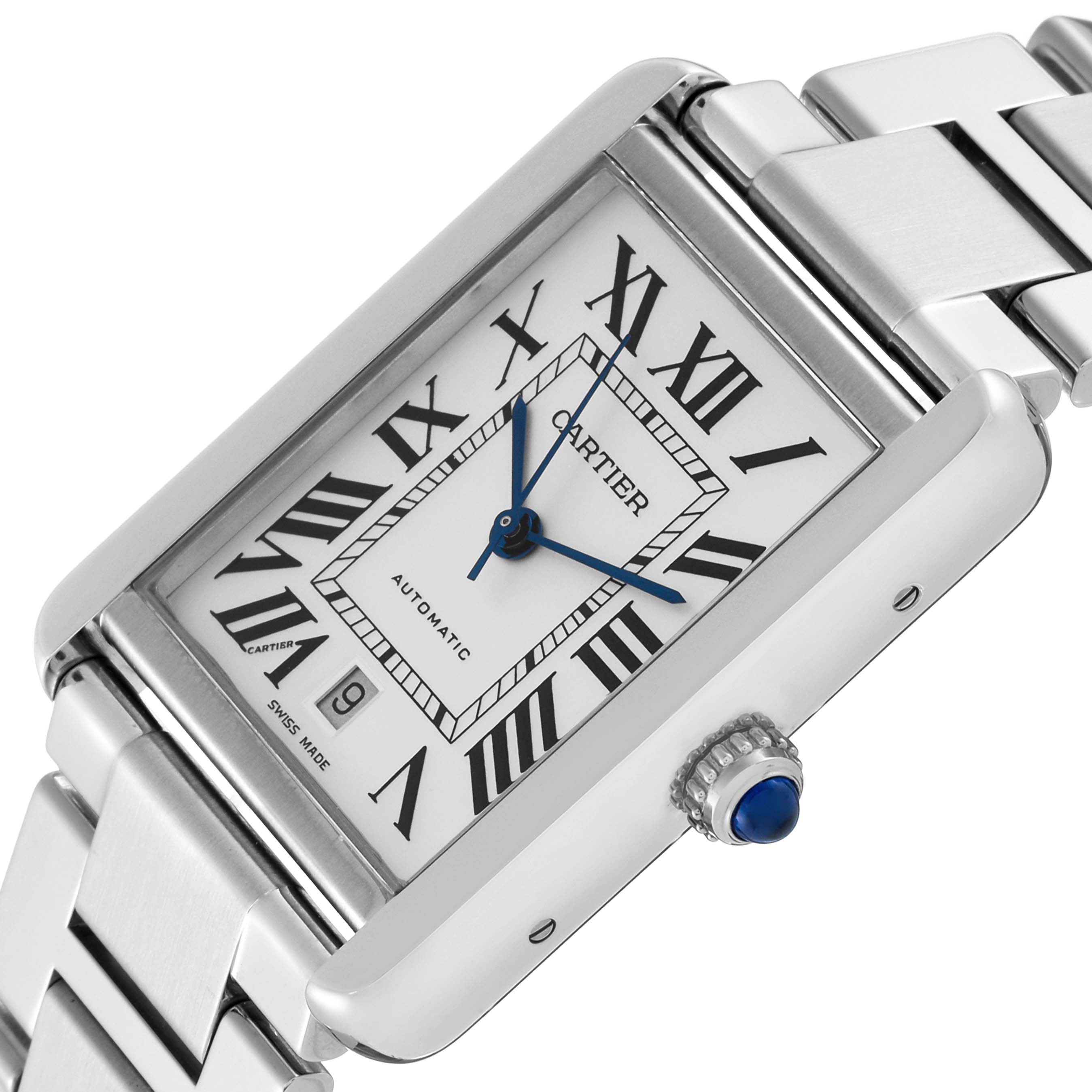 The image shows the front and side view of a Cartier Tank Solo W5200028 Men's Stainless Steel Silver Dial W5200028 Men's Stainless Steel Silver Dial watch, focusing on the dial, case, bracelet, and crown.
