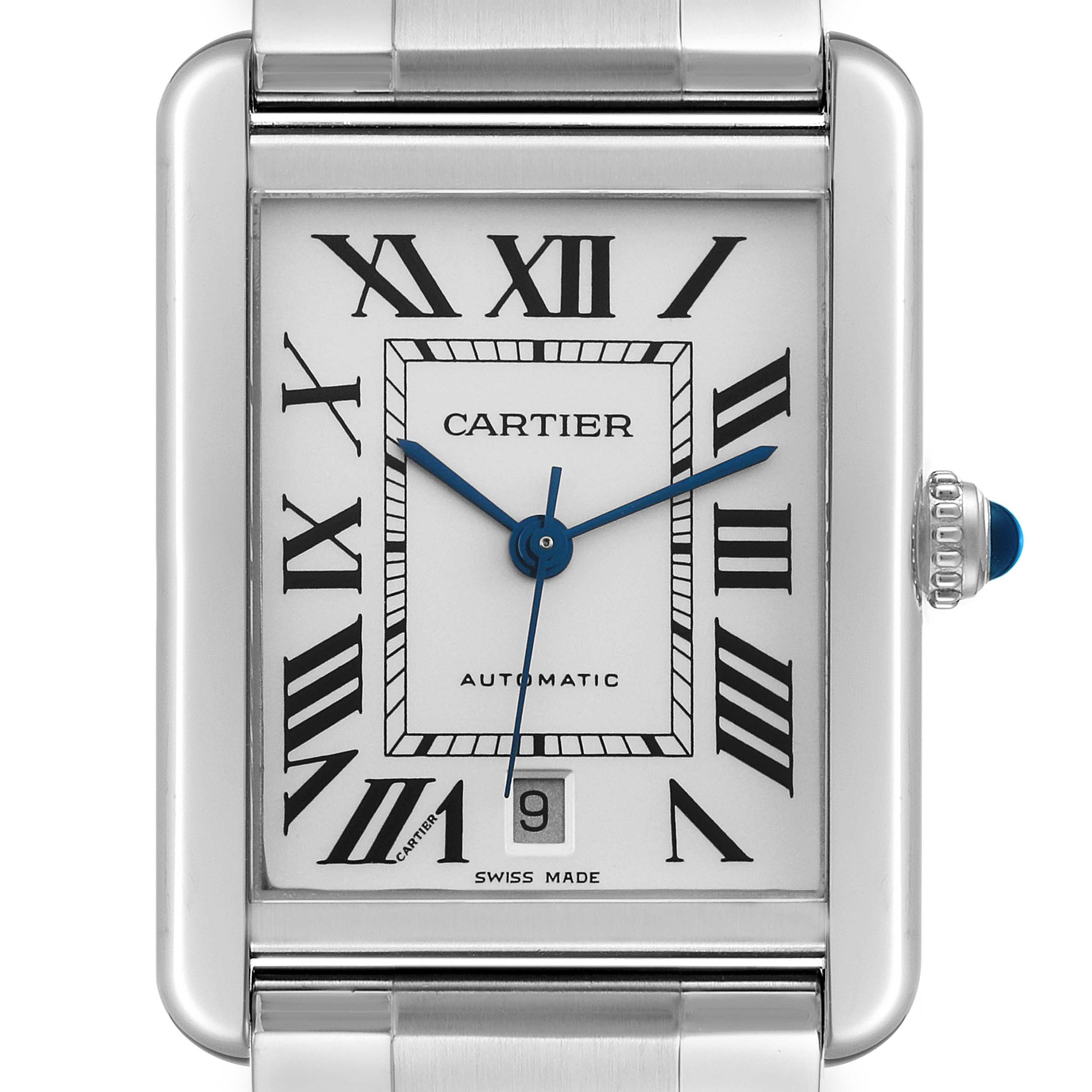 The image shows a frontal view of a Cartier Tank Solo W5200028 Men's Stainless Steel Silver Dial W5200028 Men's Stainless Steel Silver Dial watch, displaying the face, Roman numerals, date, and crown with a blue cabochon.
