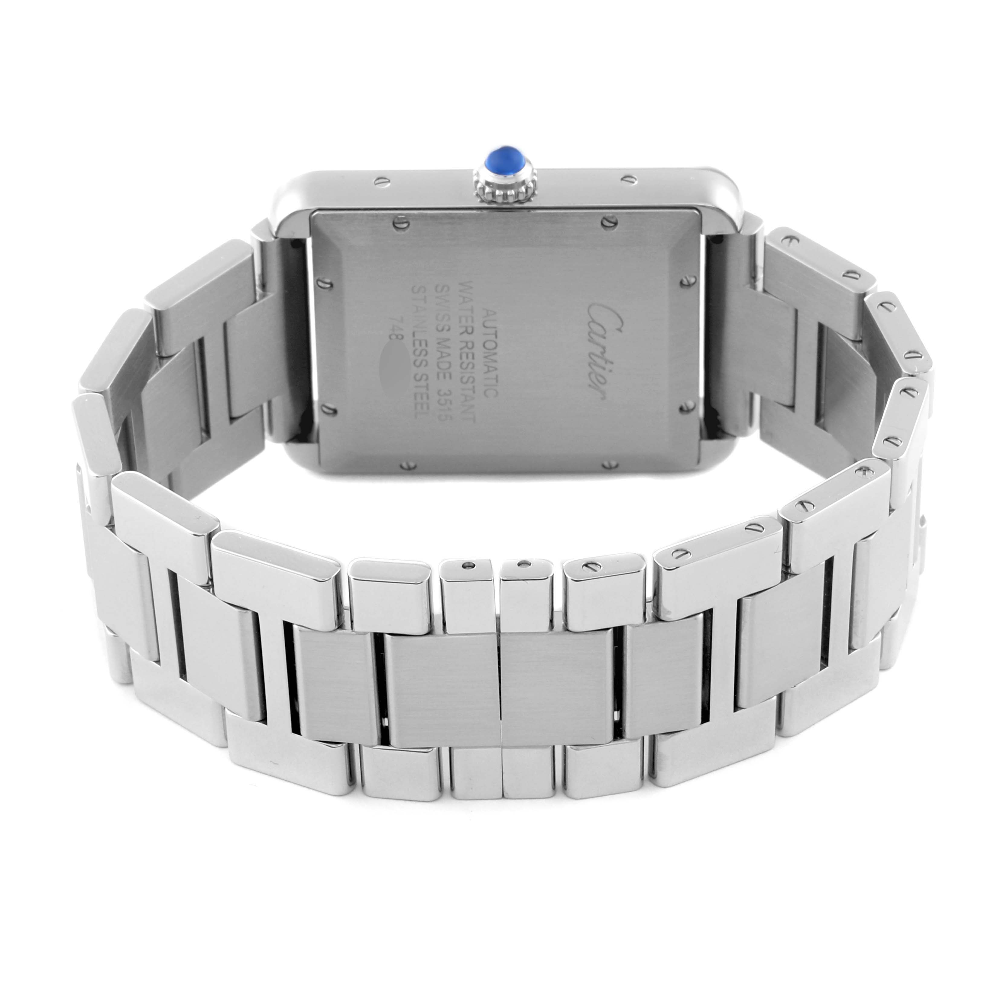 The image shows the back view of a Cartier Tank Solo W5200028 Men
s Stainless Steel Silver Dial W5200028 Men
s Stainless Steel Silver Dial watch, highlighting the stainless steel case and bracelet.