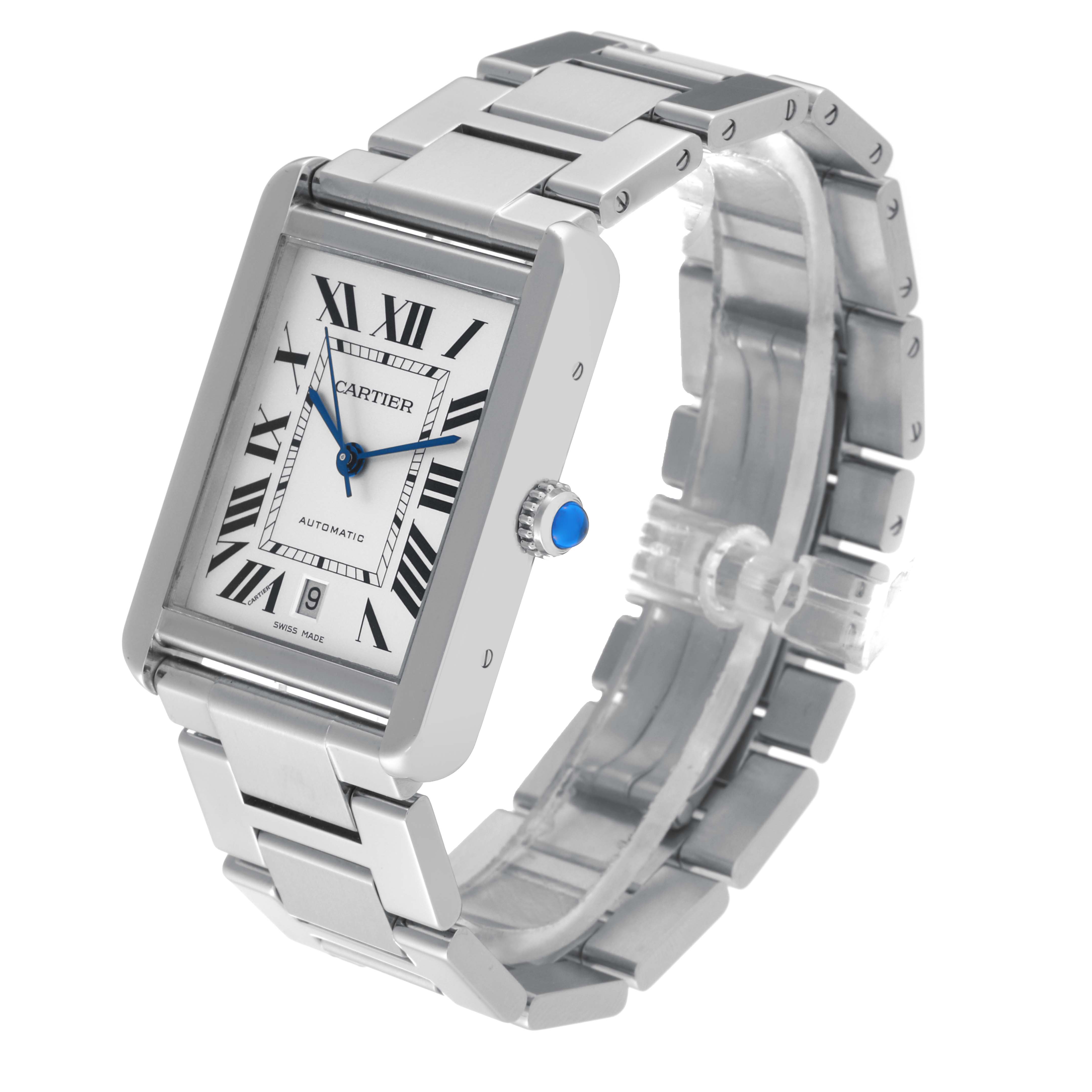 The image shows a front and side view of the Cartier Tank Solo W5200028 Men
s Stainless Steel Silver Dial W5200028 Men
s Stainless Steel Silver Dial watch, highlighting its rectangular face and metal bracelet.