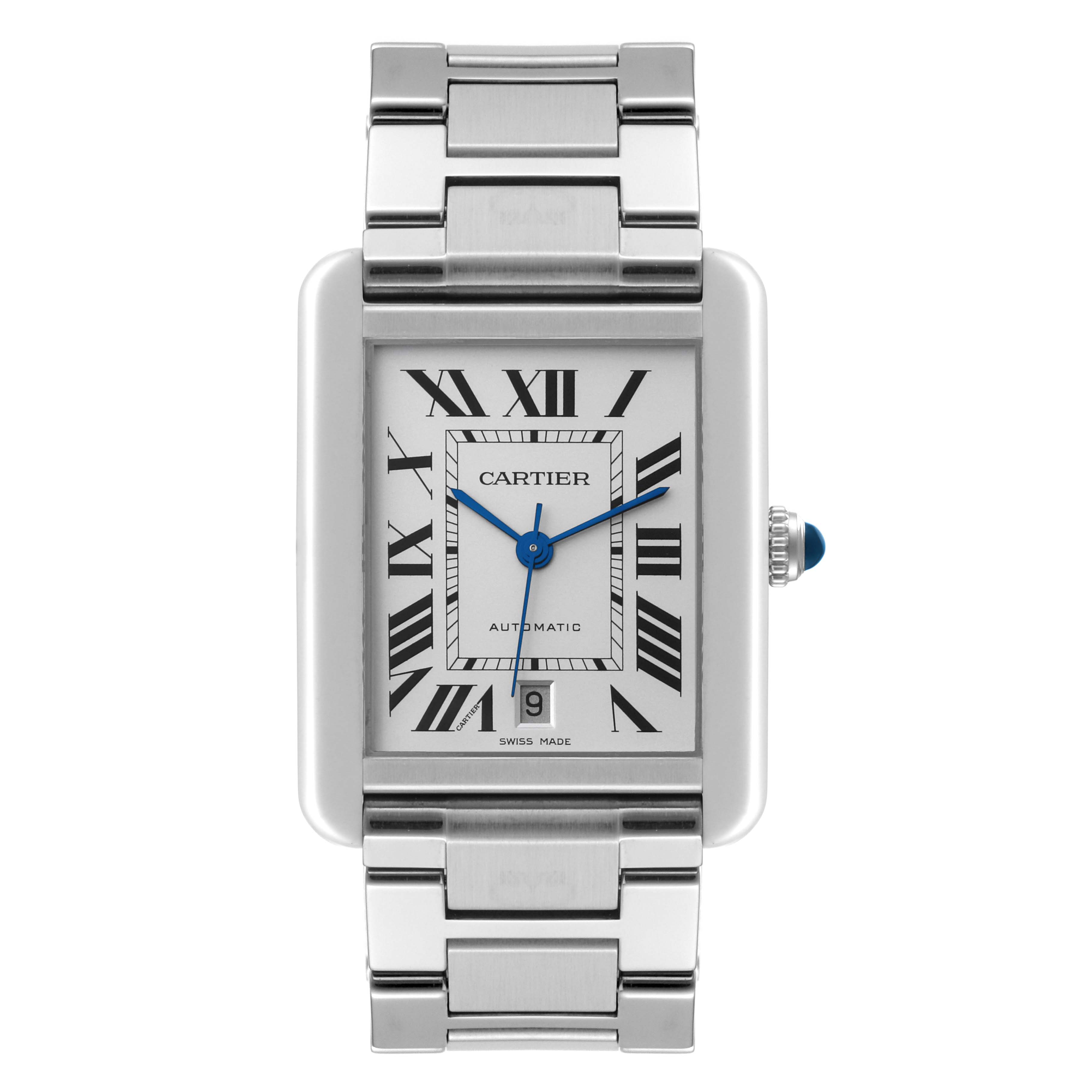 The image shows a front view of a Cartier Tank Solo W5200028 Men
s Stainless Steel Silver Dial W5200028 Men
s Stainless Steel Silver Dial watch, highlighting its rectangular face, Roman numerals, and metal bracelet.