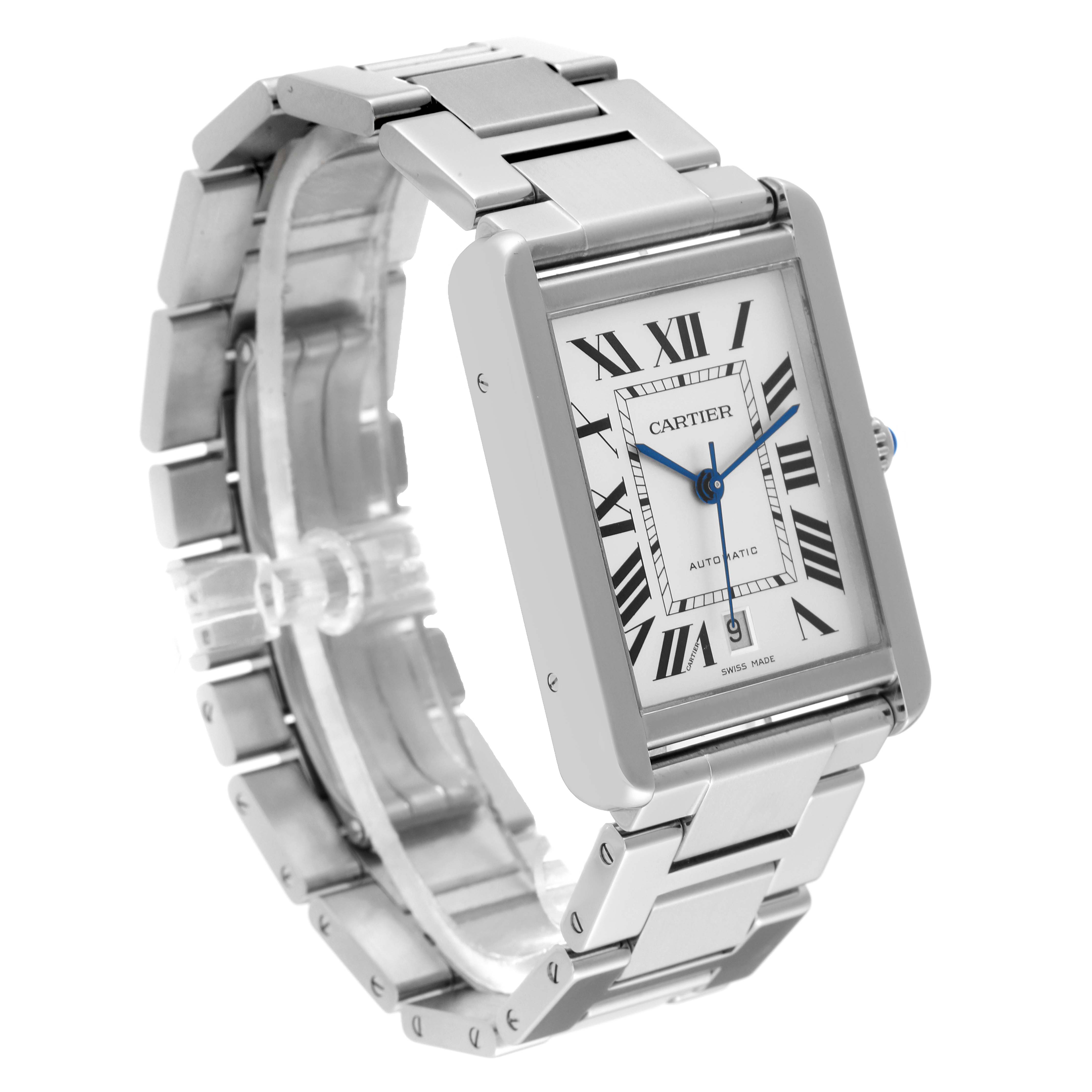 This image shows a Cartier Tank Solo W5200028 Men
s Stainless Steel Silver Dial W5200028 Men
s Stainless Steel Silver Dial watch from a three-quarter angle, highlighting its face and stainless steel bracelet.