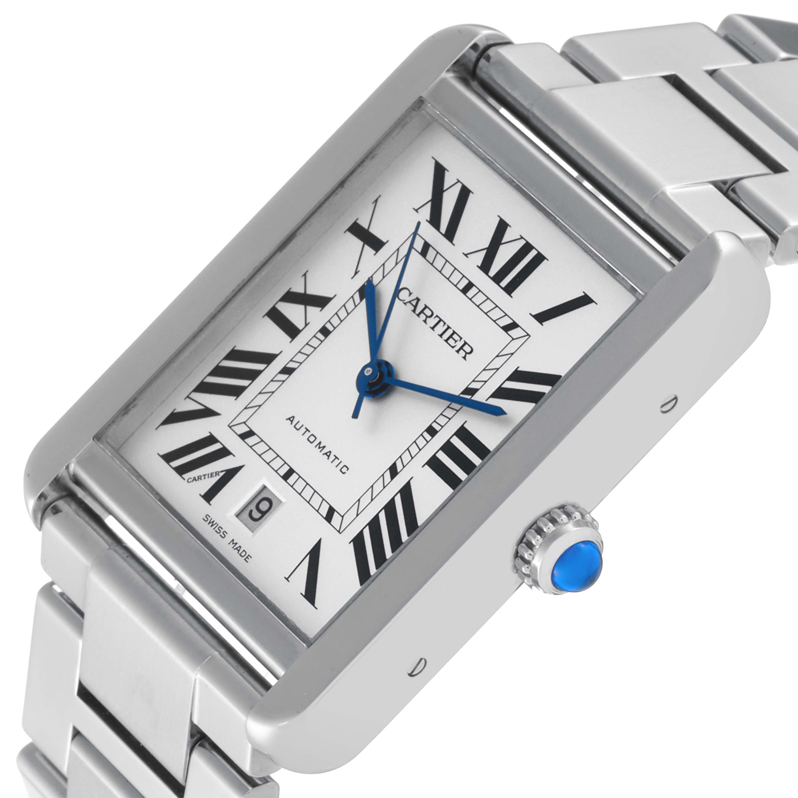 The image shows a Cartier Tank Solo W5200028 Men
s Stainless Steel Silver Dial W5200028 Men
s Stainless Steel Silver Dial watch at a slight angle, highlighting its face, crown, and metal bracelet.