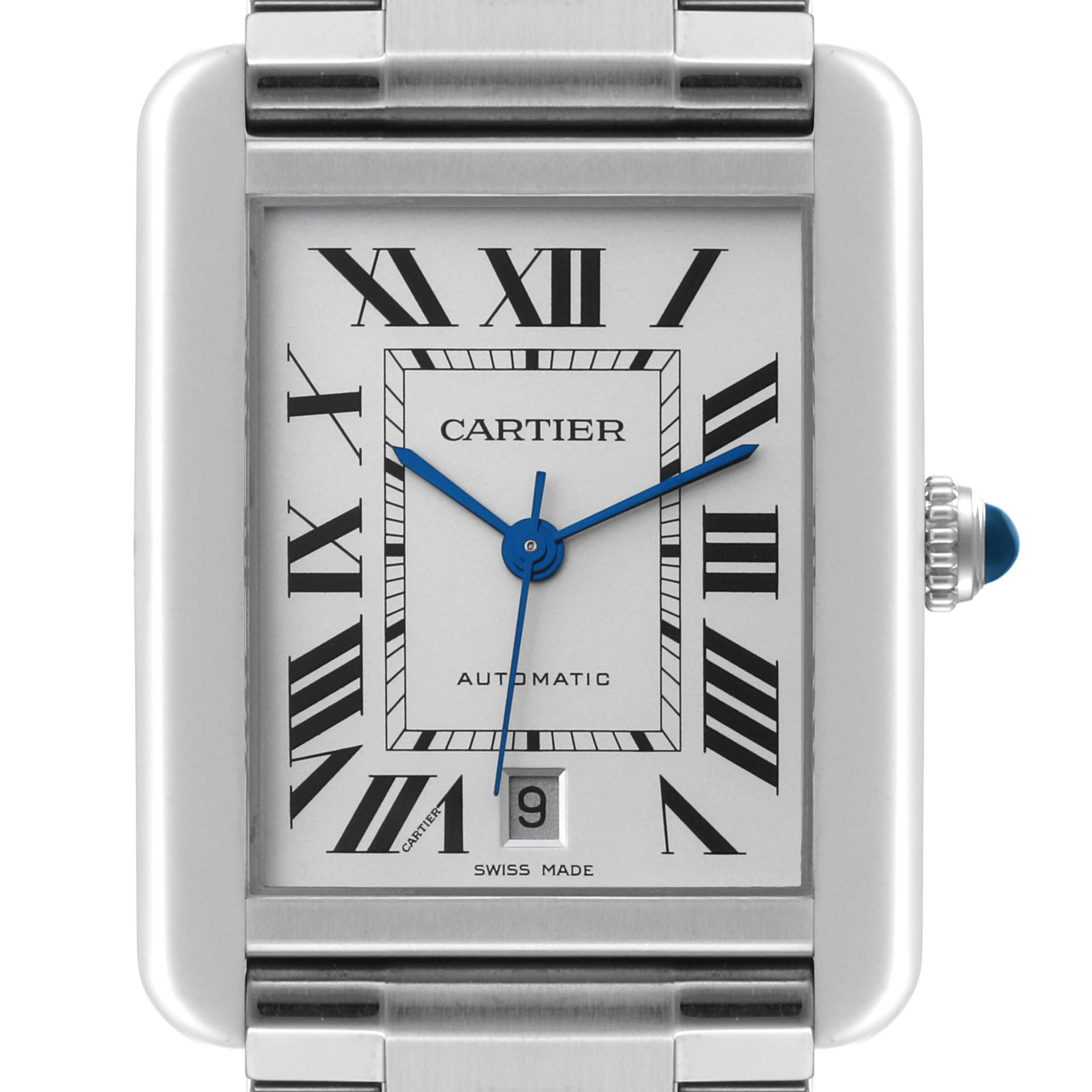 The image shows a front view of the Cartier Tank Solo W5200028 Men
s Stainless Steel Silver Dial W5200028 Men
s Stainless Steel Silver Dial watch, highlighting its dial, Roman numerals, blue hands, date window, and crown.