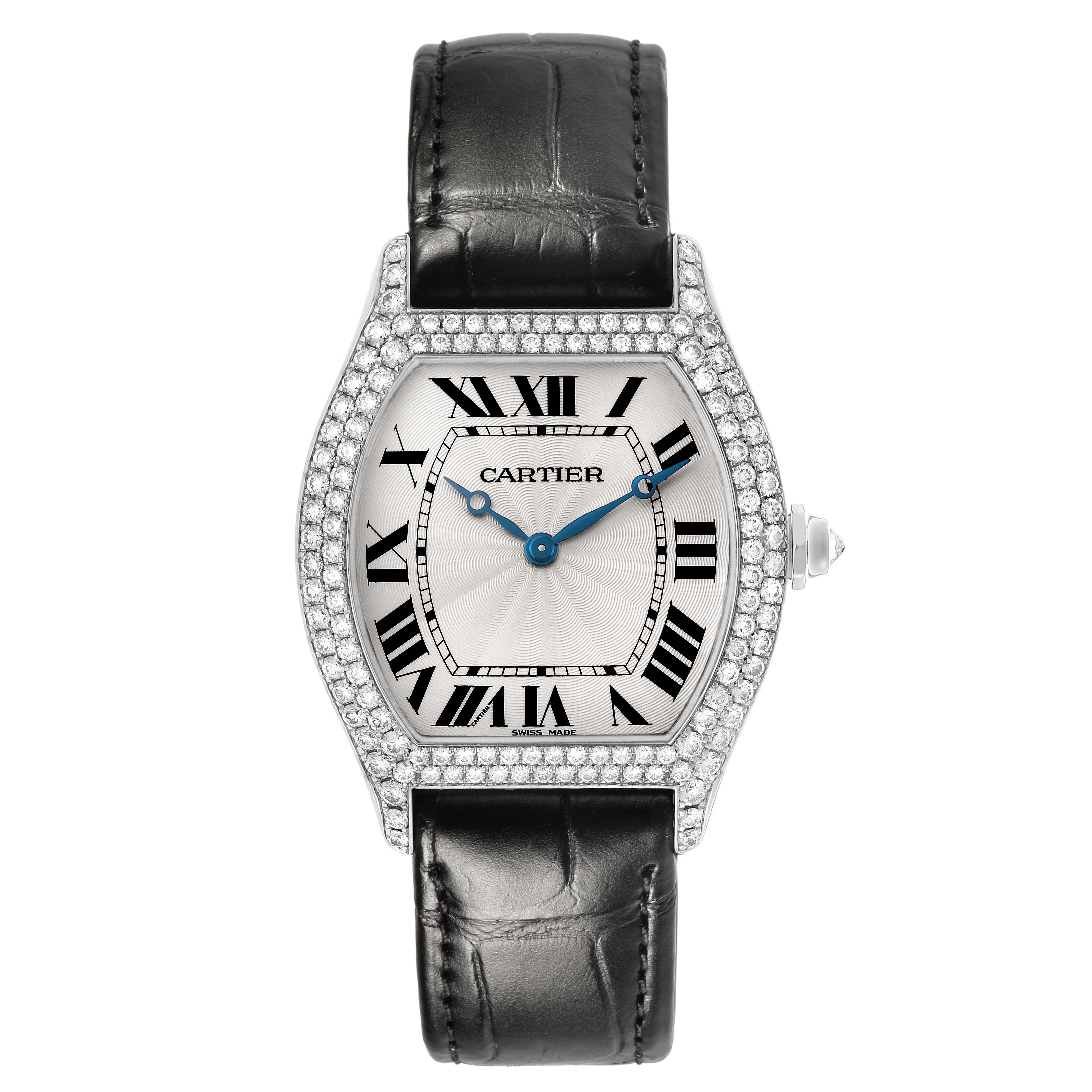 The image shows a Cartier Tortue WA503851 Men's White Gold Silver Dial watch from the front, featuring a diamond-studded bezel, Roman numerals, and a black leather strap.