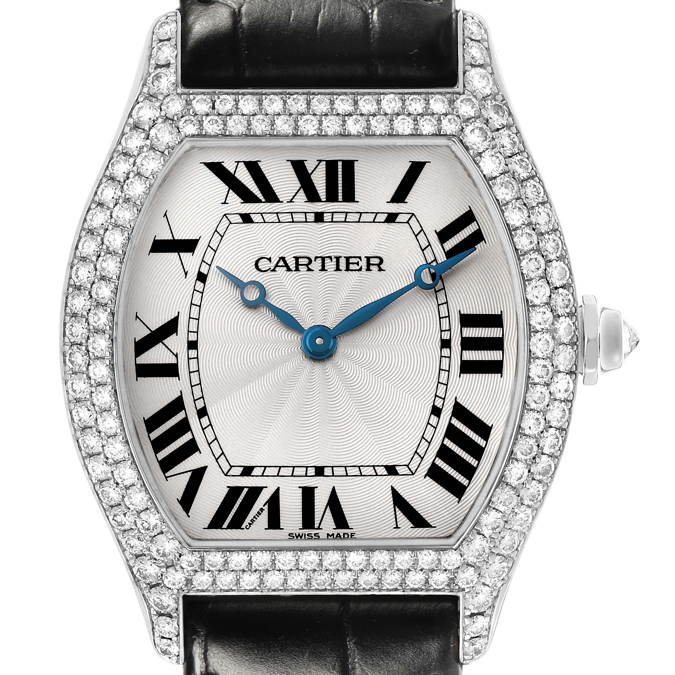 The Cartier Tortue WA503851 Men's White Gold Silver Dial watch is shown from the front, highlighting its diamond-encrusted bezel and Roman numeral dial.