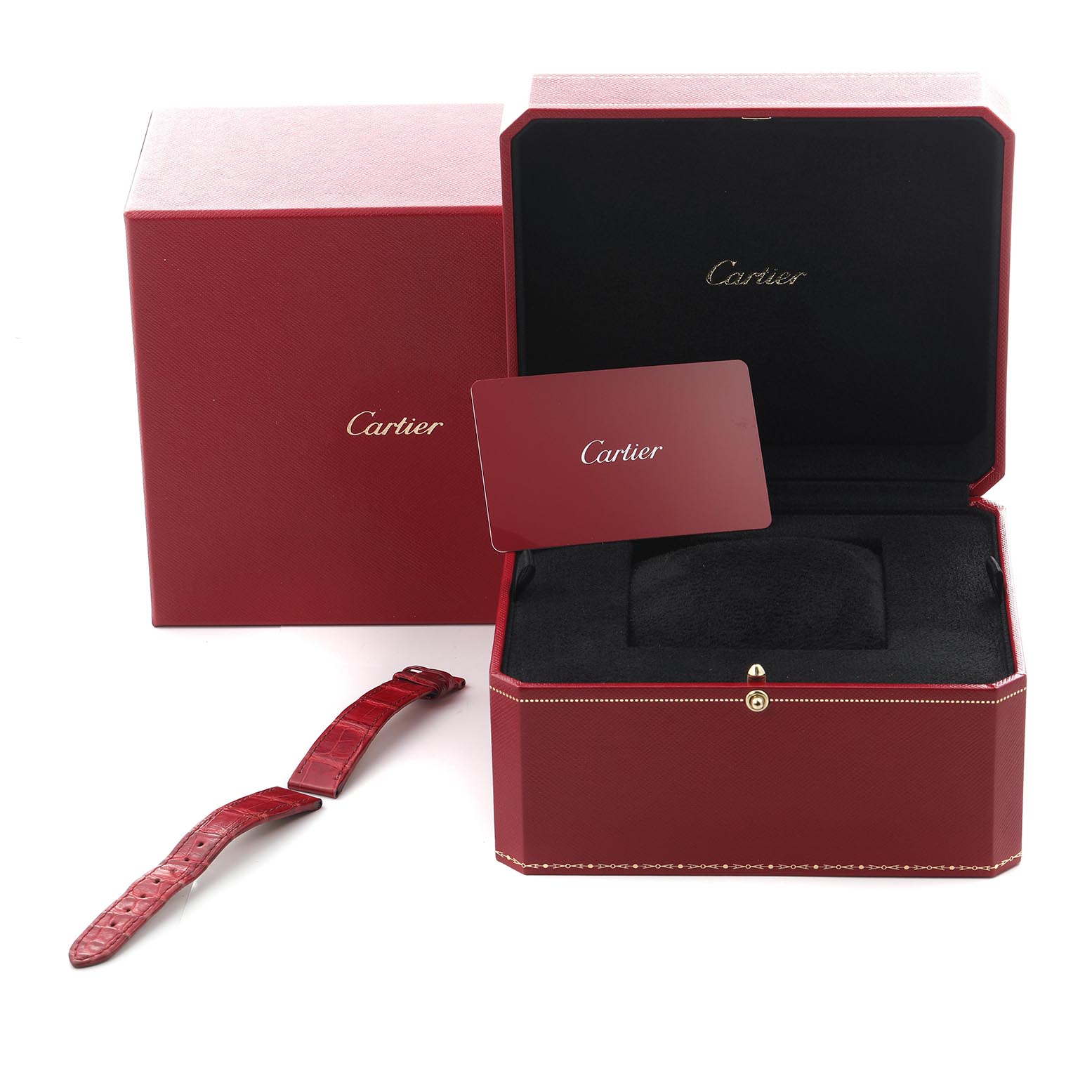 The image shows a Cartier Tortue WJTO0009 Women's Rose Gold Silver Dial WJTO0009 Women's Rose Gold Silver Dial watch box and a red strap, with the box open displaying a cushion and a card.