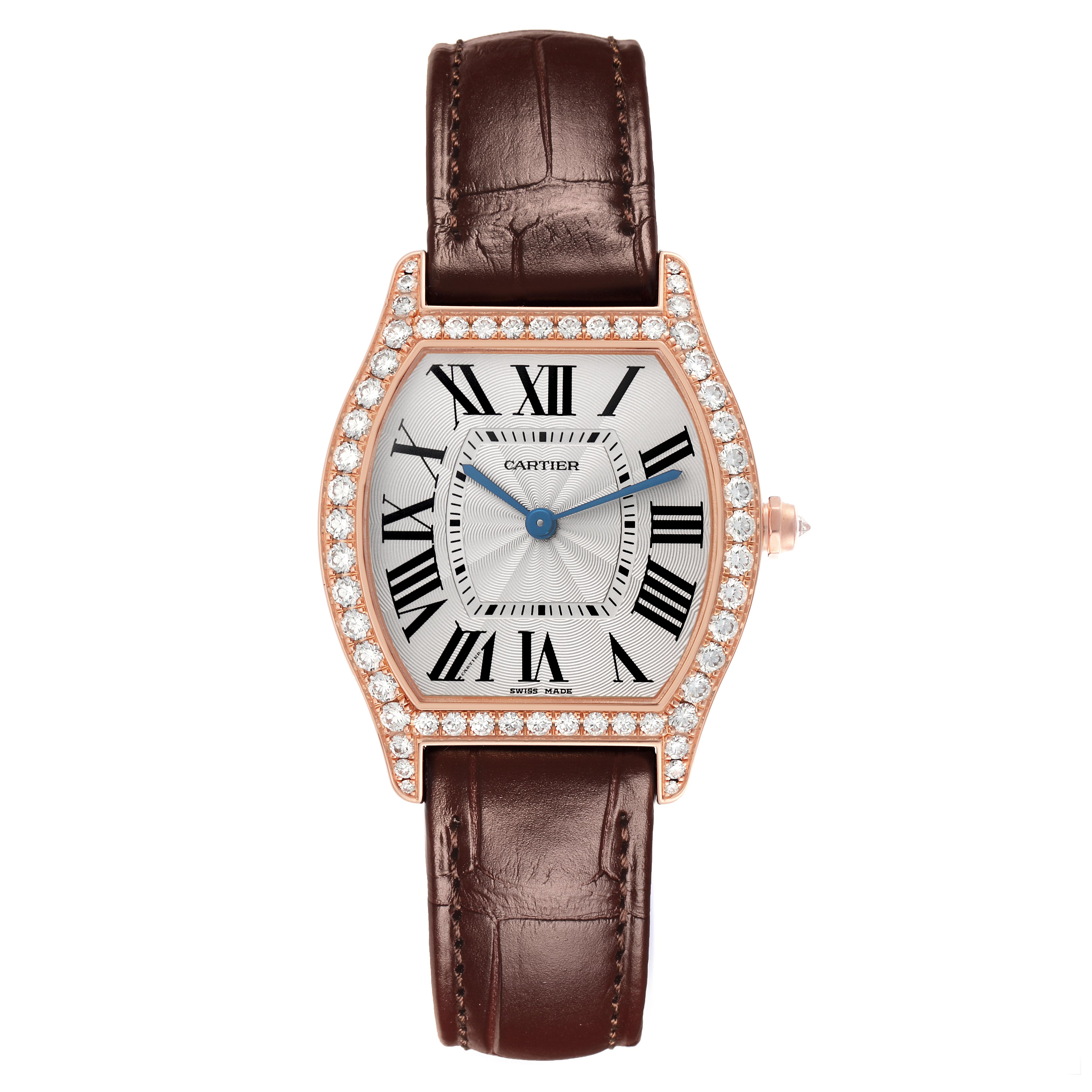 The image shows a Cartier Tortue WJTO0009 Women's Rose Gold Silver Dial WJTO0009 Women's Rose Gold Silver Dial watch from a top-down angle, highlighting its face, diamond bezel, and leather strap.