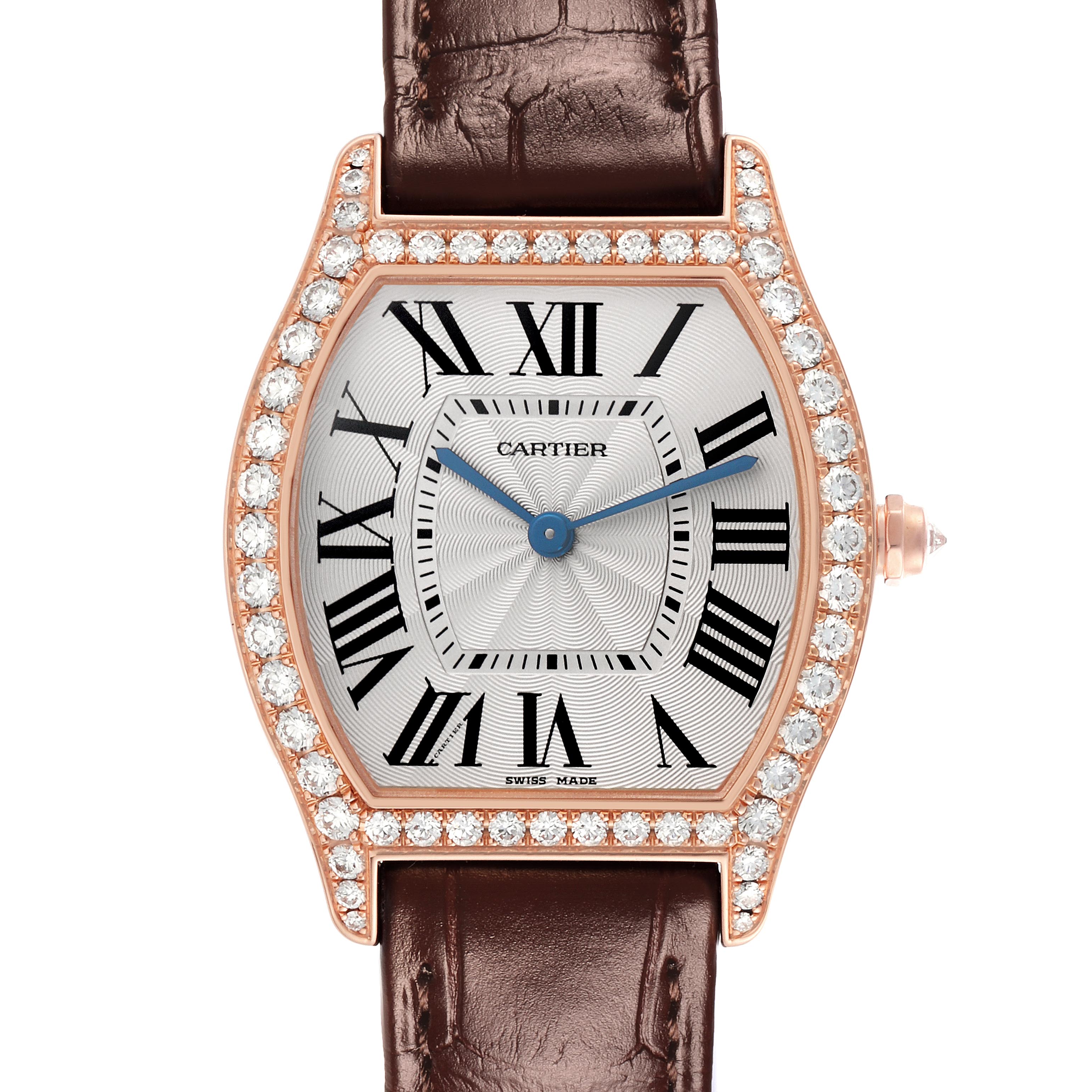 The Cartier Tortue WJTO0009 Women's Rose Gold Silver Dial WJTO0009 Women's Rose Gold Silver Dial watch is shown from a top-down view, highlighting the face, Roman numerals, diamond bezel, and brown strap.