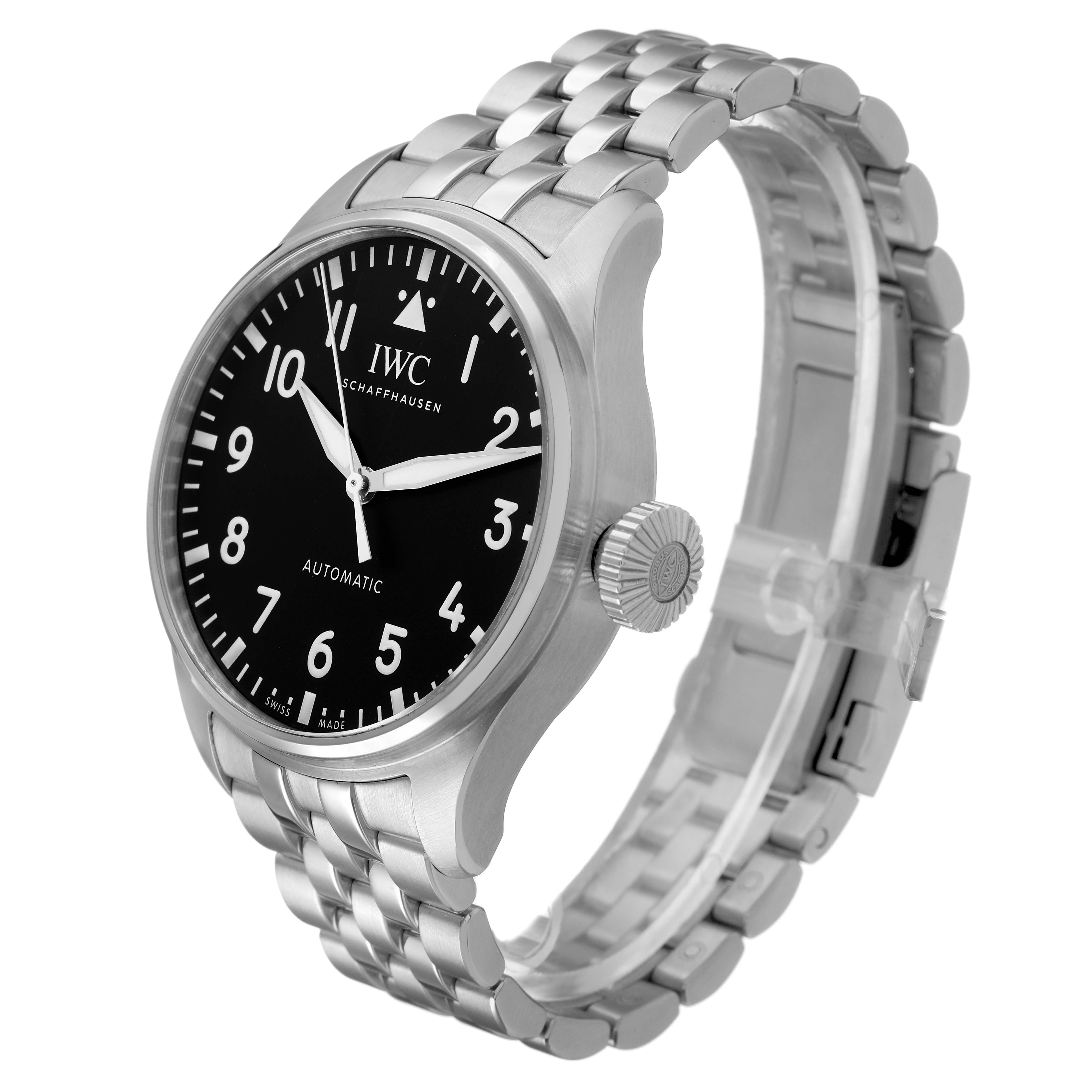 The IWC Pilot IW329301 Men's Stainless Steel Black Dial model watch is shown at a three-quarter angle, displaying the face, bezel, crown, and stainless steel bracelet.
