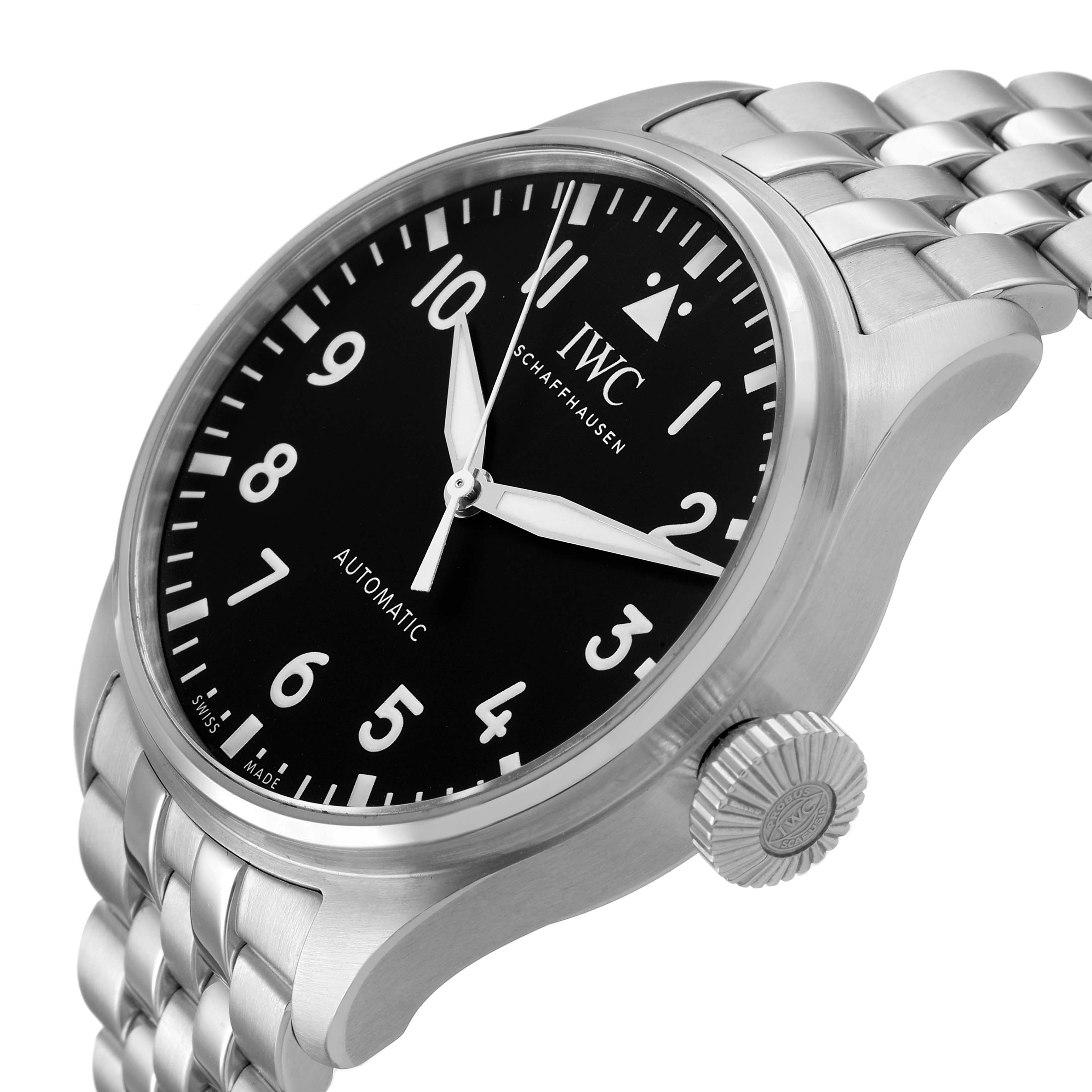 The IWC Pilot IW329301 Men's Stainless Steel Black Dial watch is shown at a side angle, highlighting its face, crown, and metal bracelet.