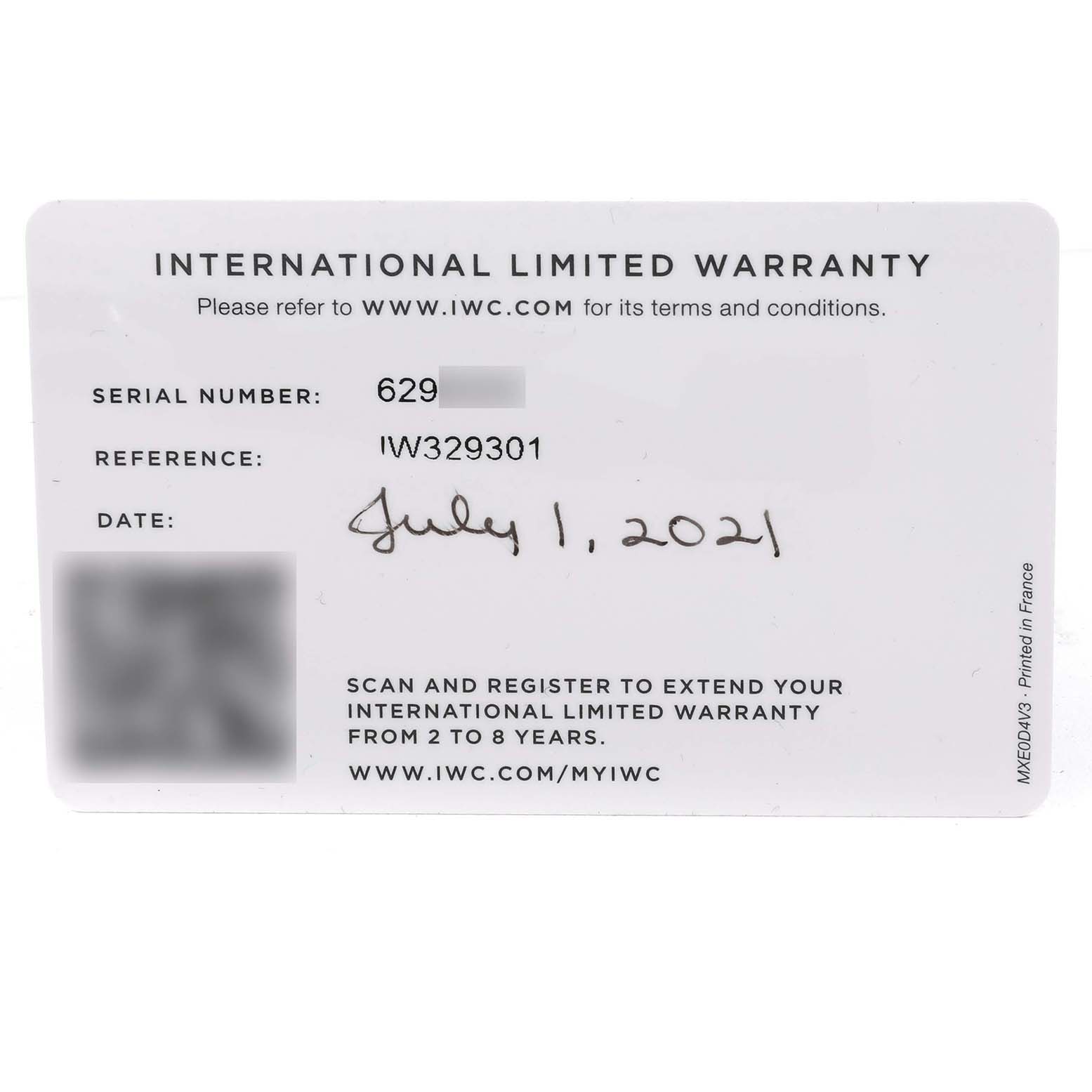 The image shows the International Limited Warranty card for the IWC Pilot IW329301 Men's Stainless Steel Black Dial model watch.