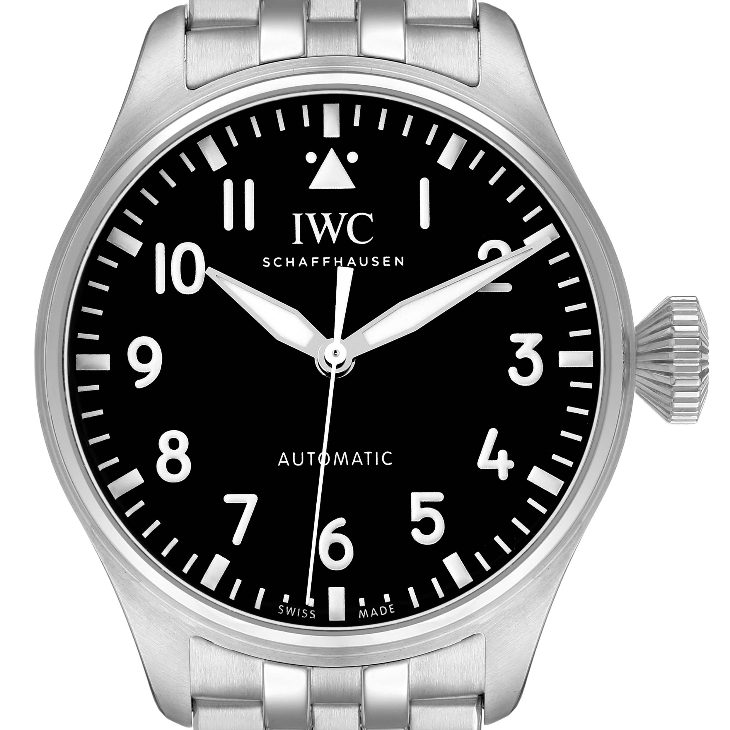 The IWC Pilot IW329301 Men's Stainless Steel Black Dial watch is shown from the front, highlighting the black dial, white numerals, and stainless steel bracelet.