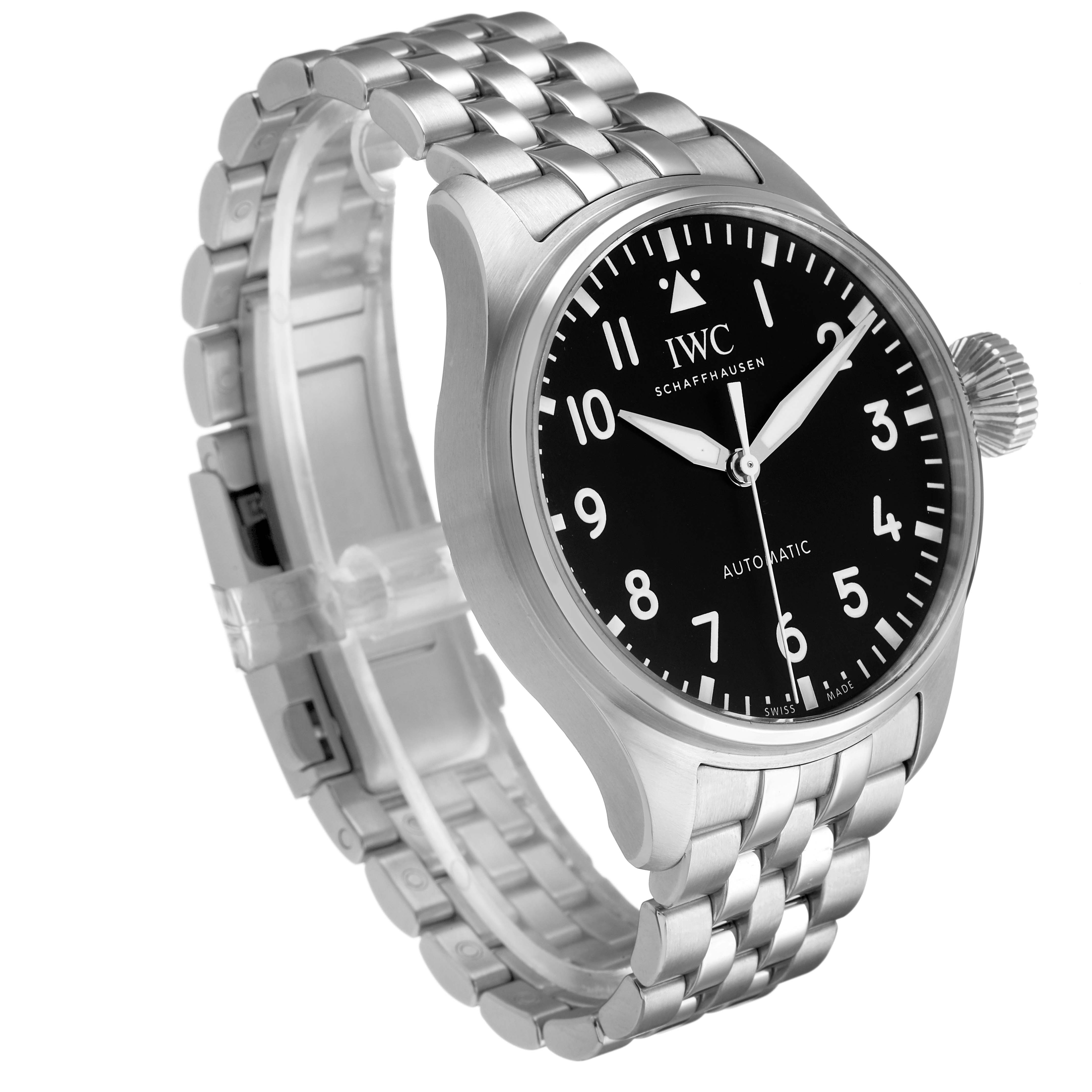 The IWC Pilot IW329301 Men's Stainless Steel Black Dial watch is shown at a front-right angle, displaying its round case, black dial, white numerals, and stainless steel bracelet.